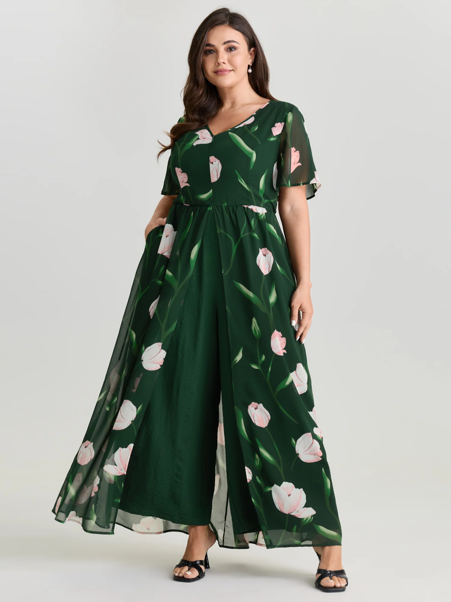 Hidden Zipper Floral Layered Pockets Jumpsuit - Image 8