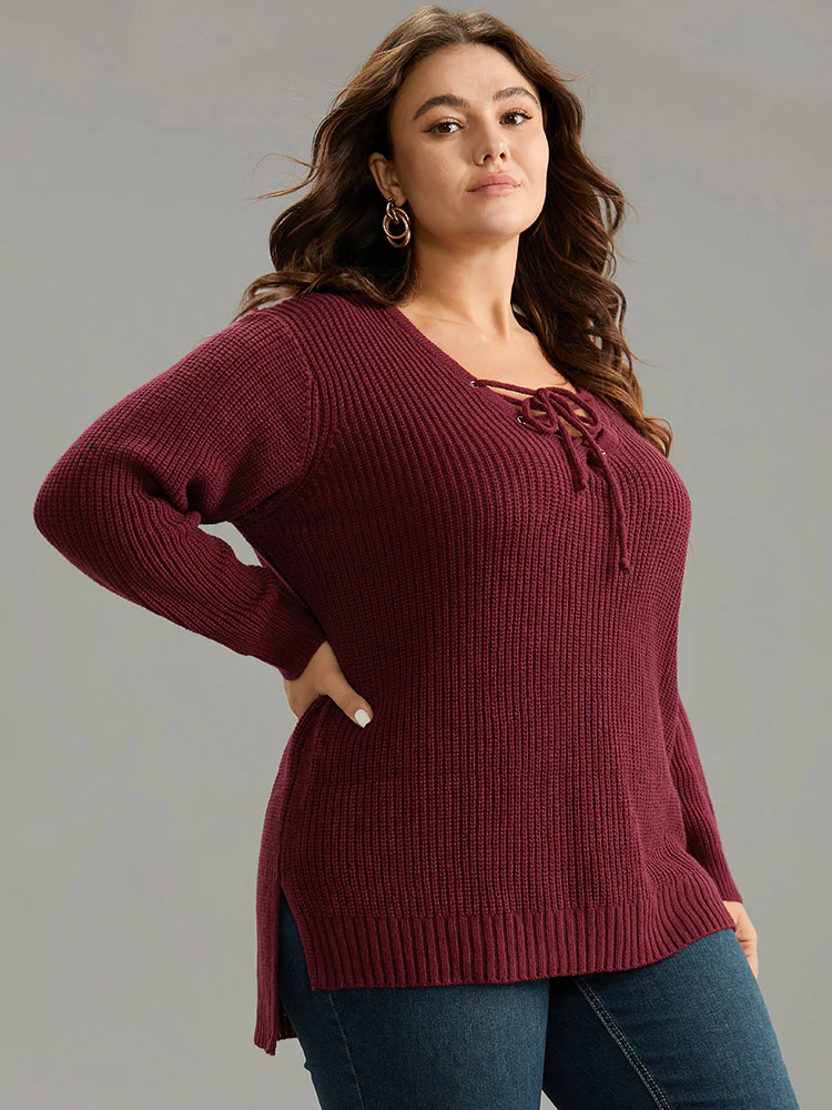 High Low Hem Lace Up Split Side Pullover - Image 3