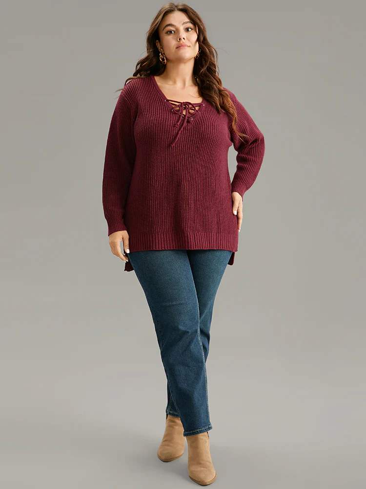 High Low Hem Lace Up Split Side Pullover - Image 4