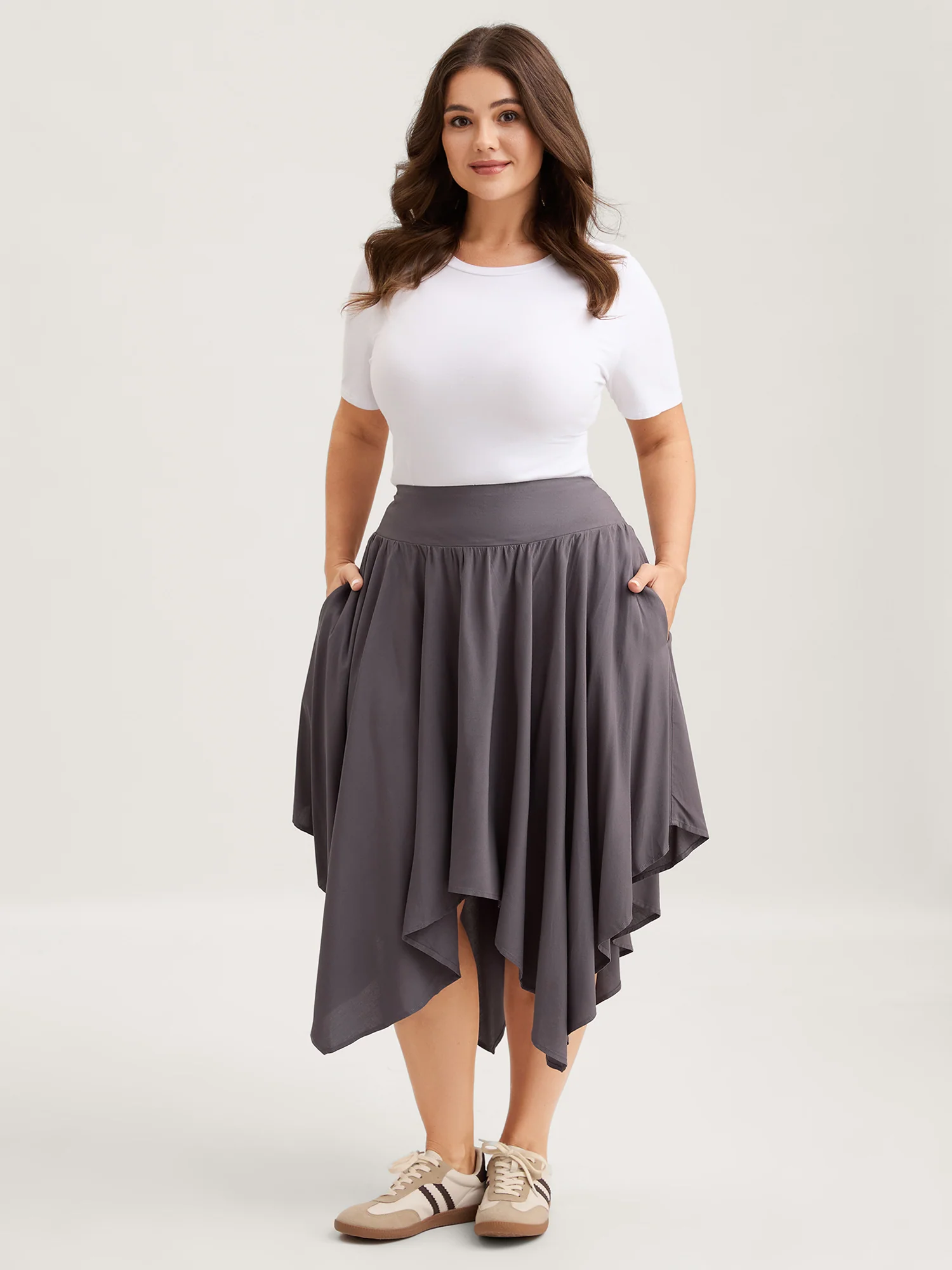 High-Low Hem Wide Waistband Midi Skirt - Image 2