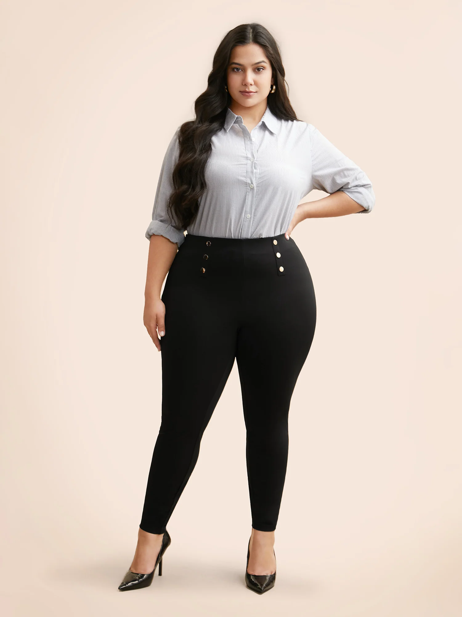 High Rise Button Detail Stretchy Pants - Image 3