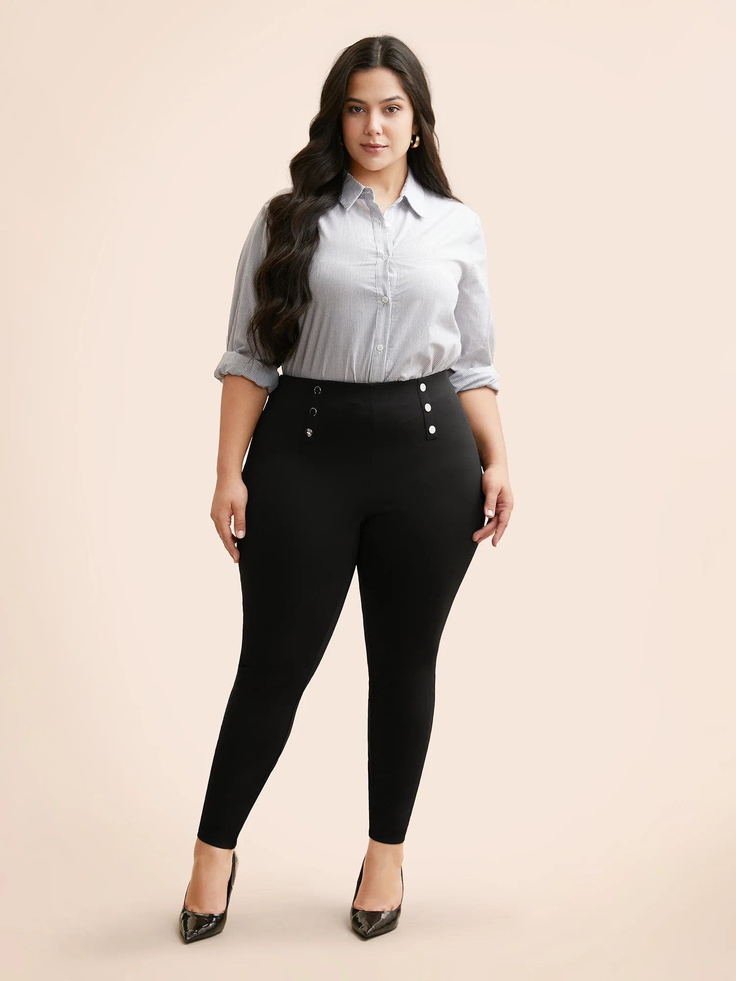 High Rise Button Detail Stretchy Pants - Image 5