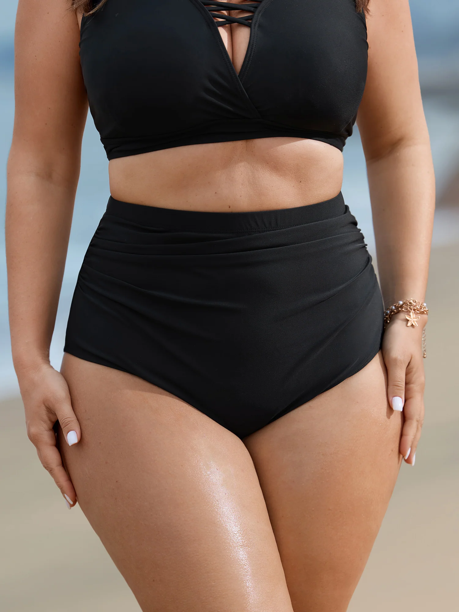 High Rise Ruched Plain Bikini Bottoms