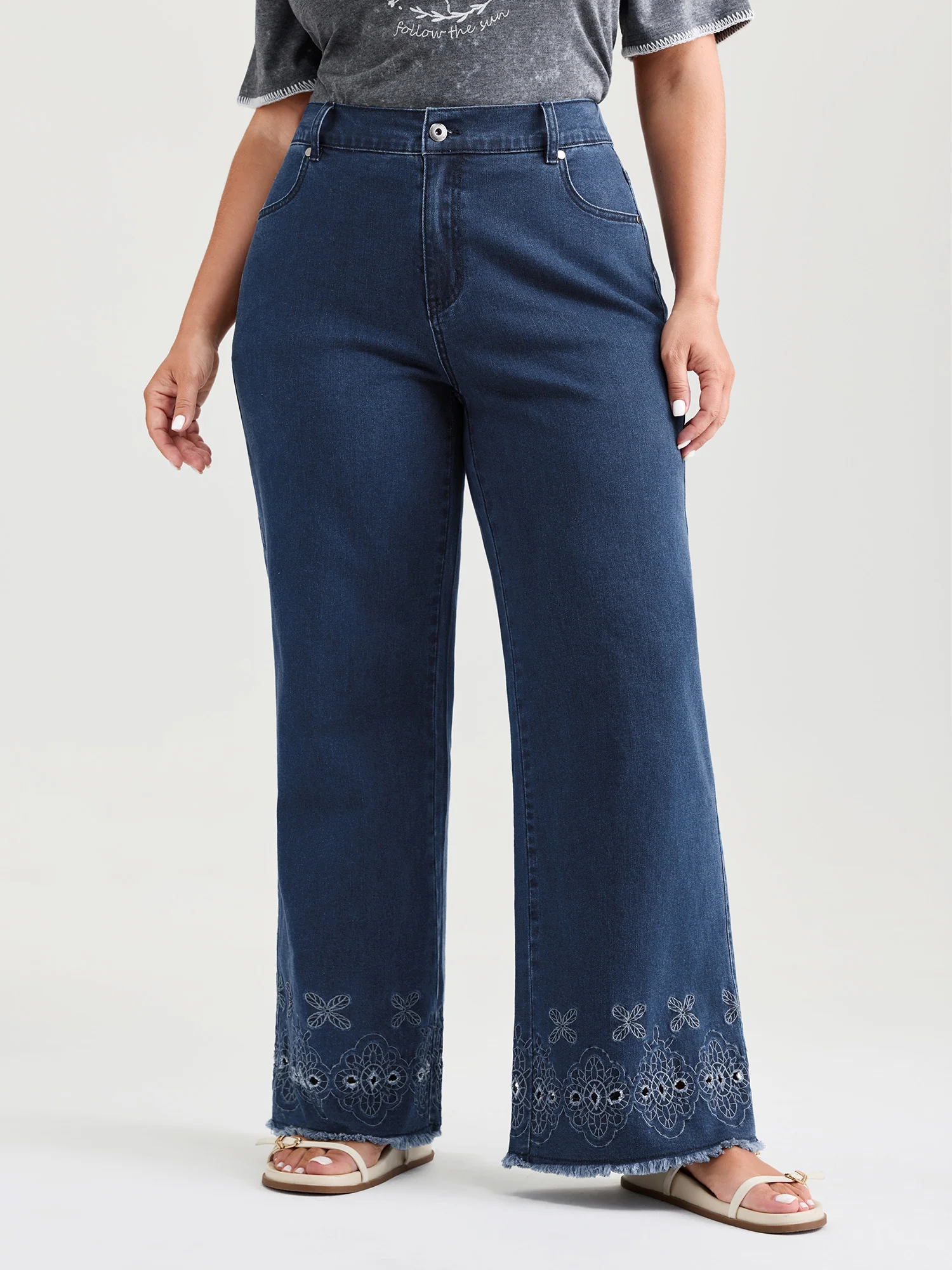 High-Rise Stretchy Embroidered Hem Jeans - Image 2