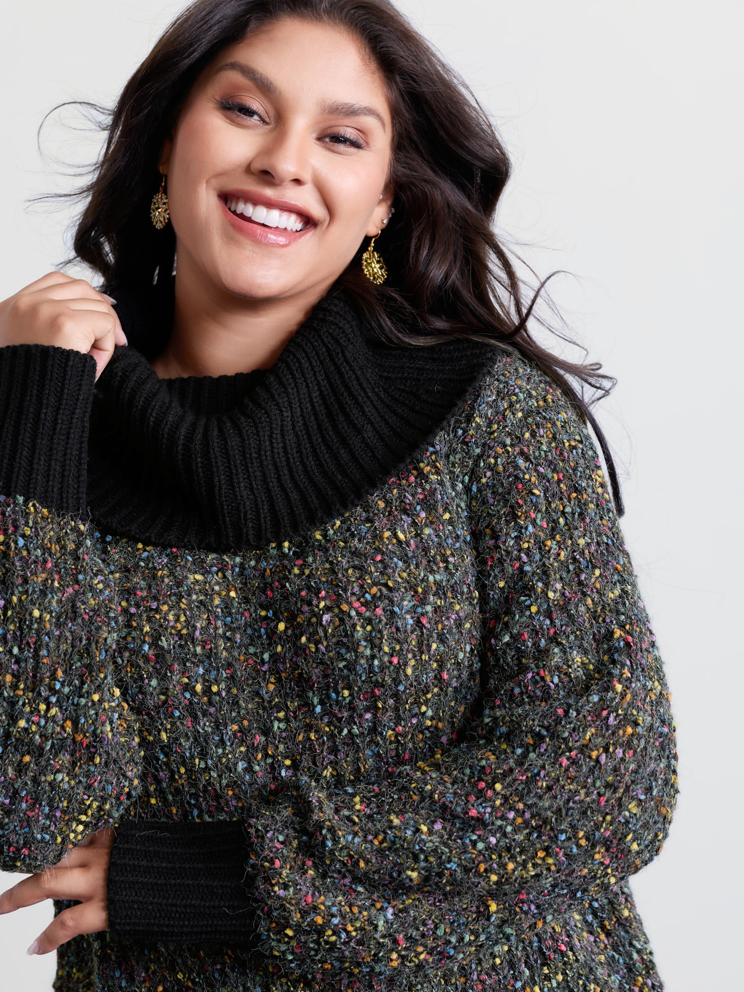 High Turtleneck Grainy Yarn Contrast Pullover - Image 2
