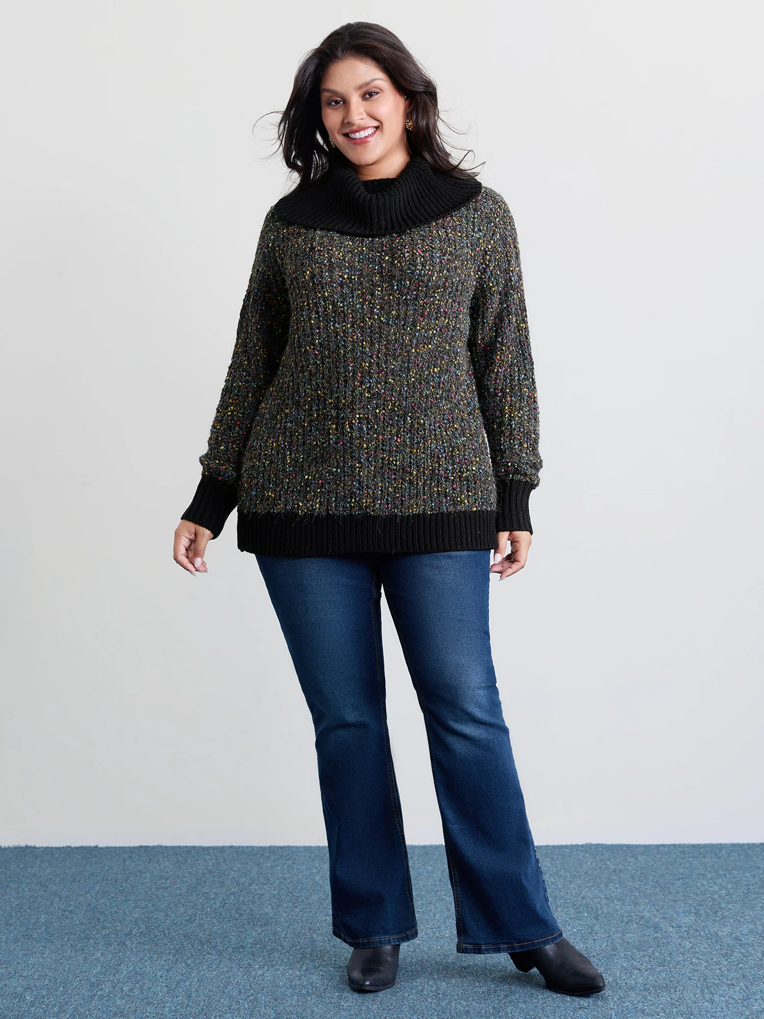 High Turtleneck Grainy Yarn Contrast Pullover - Image 3