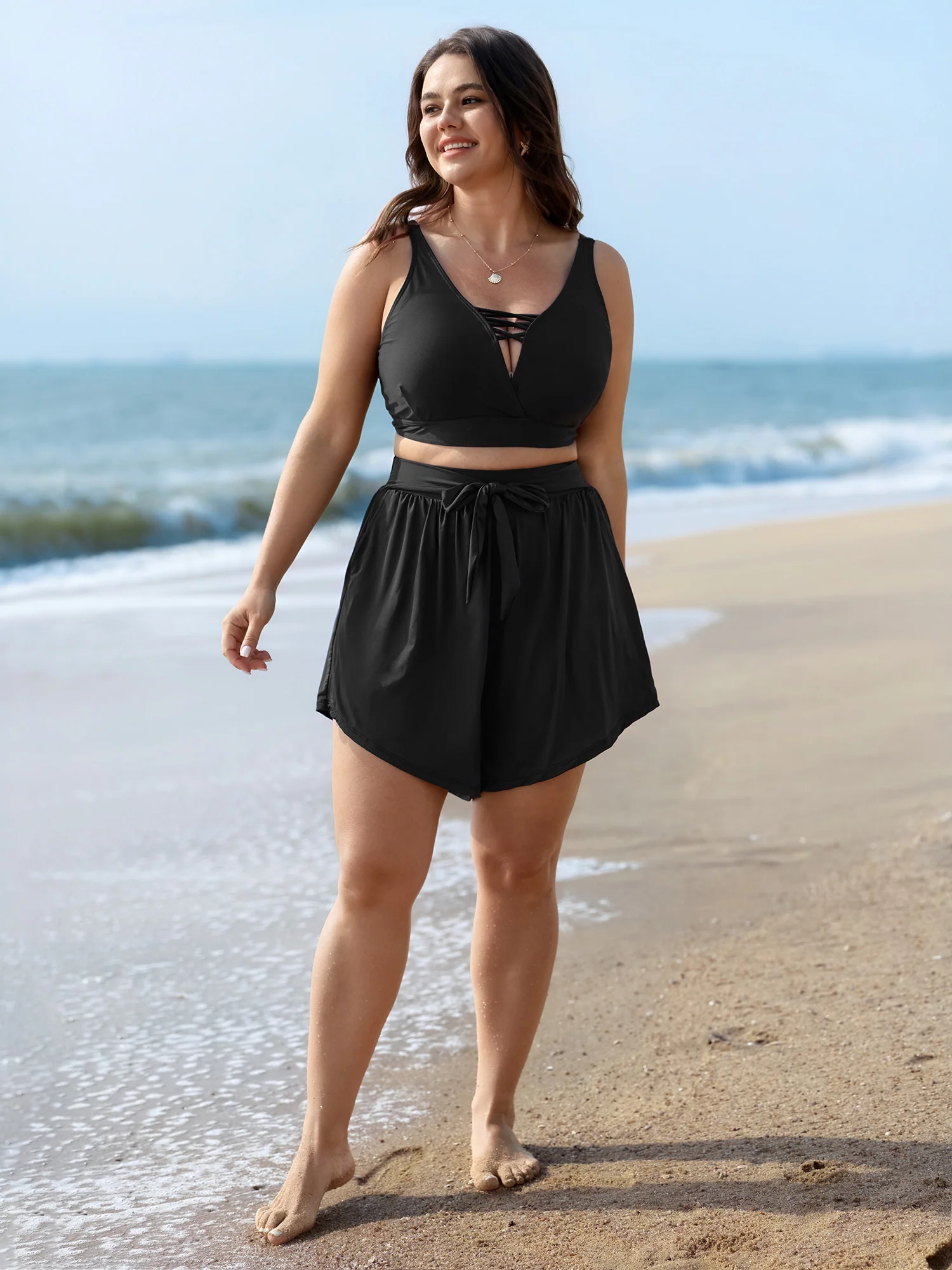 High-Waisted Tie Pocket Swim Shorts - Image 2