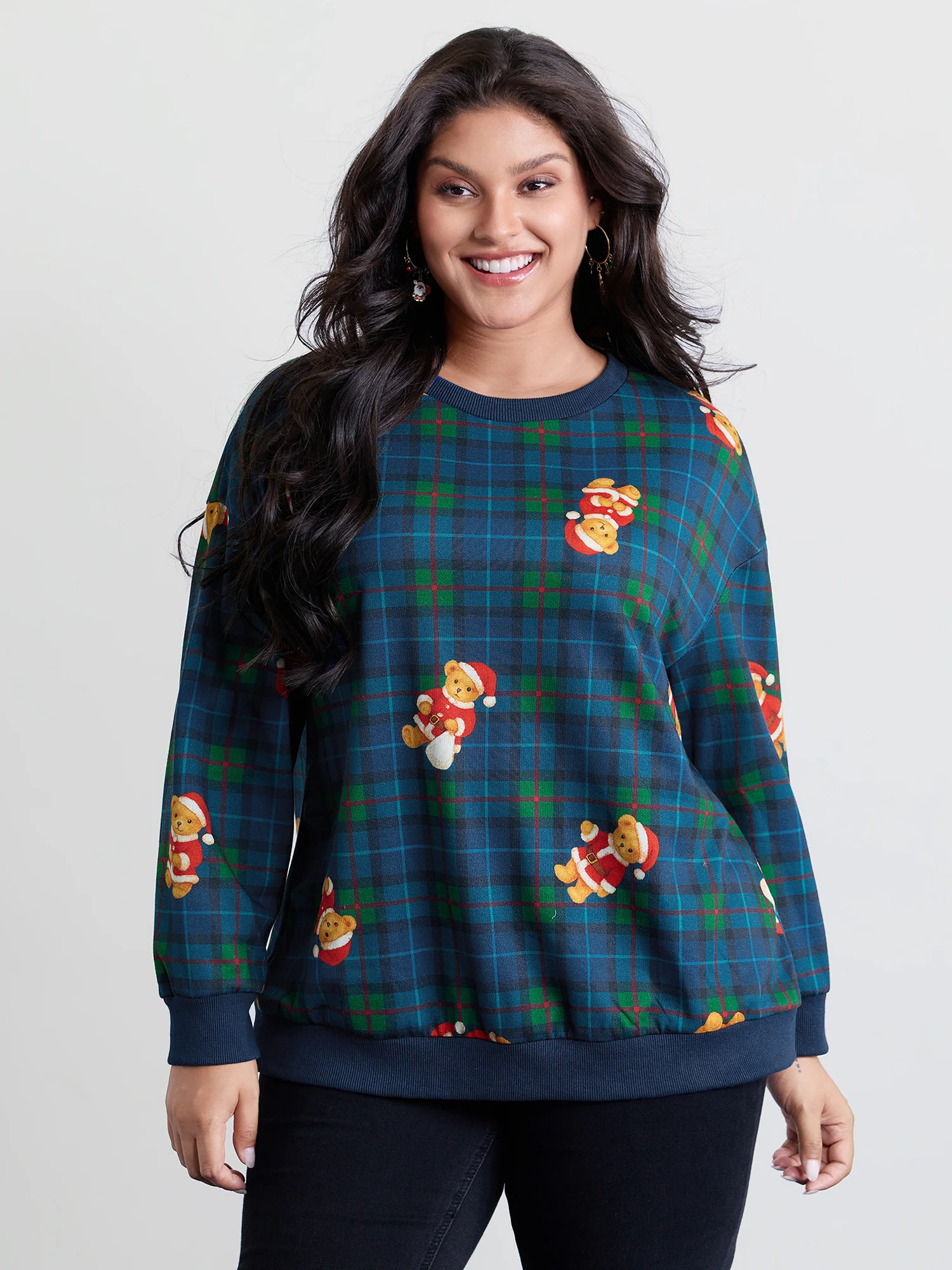 Holiday Bear Plaid Round Neck Sweatshirt - Image 3