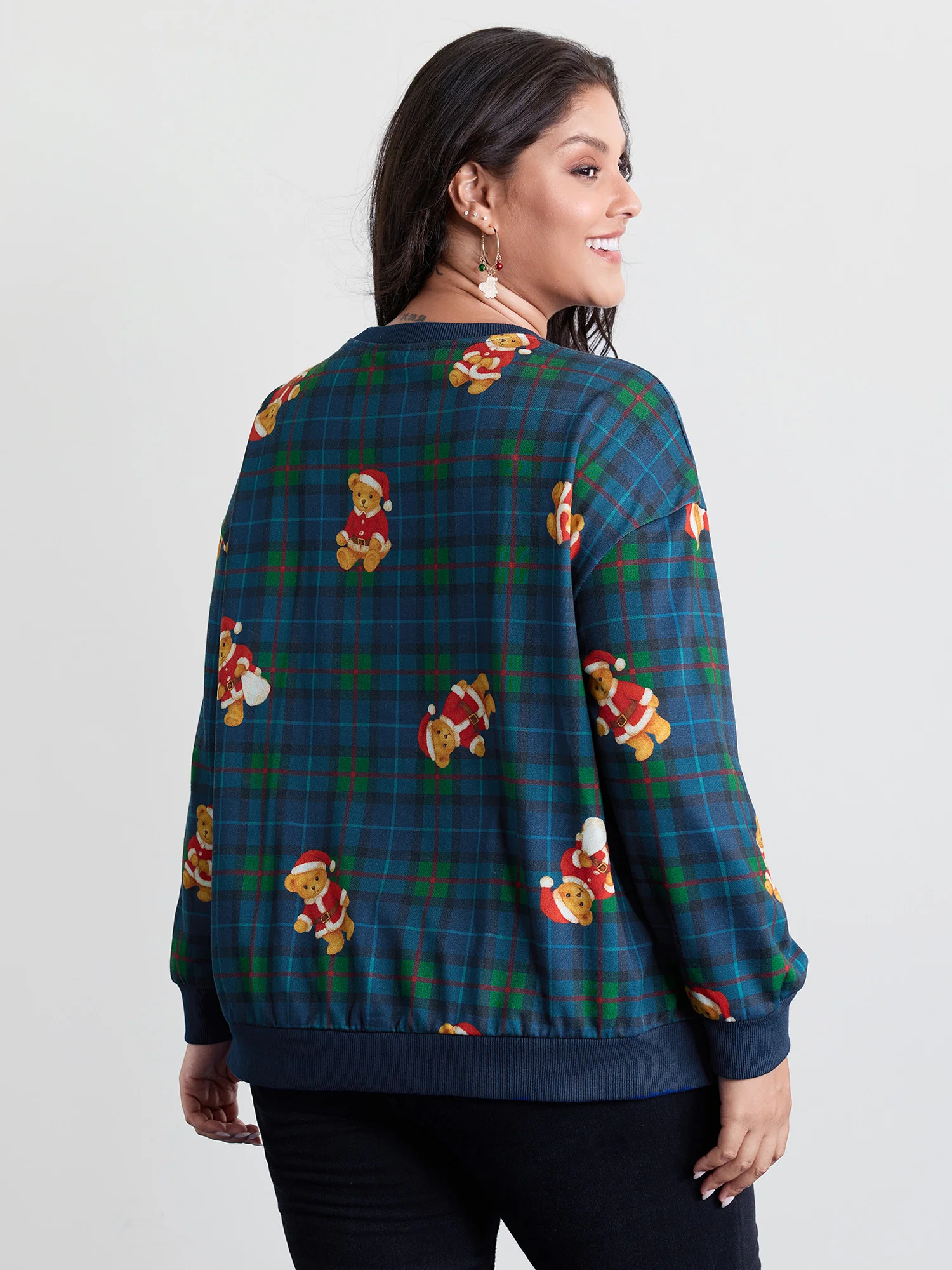 Holiday Bear Plaid Round Neck Sweatshirt - Image 4