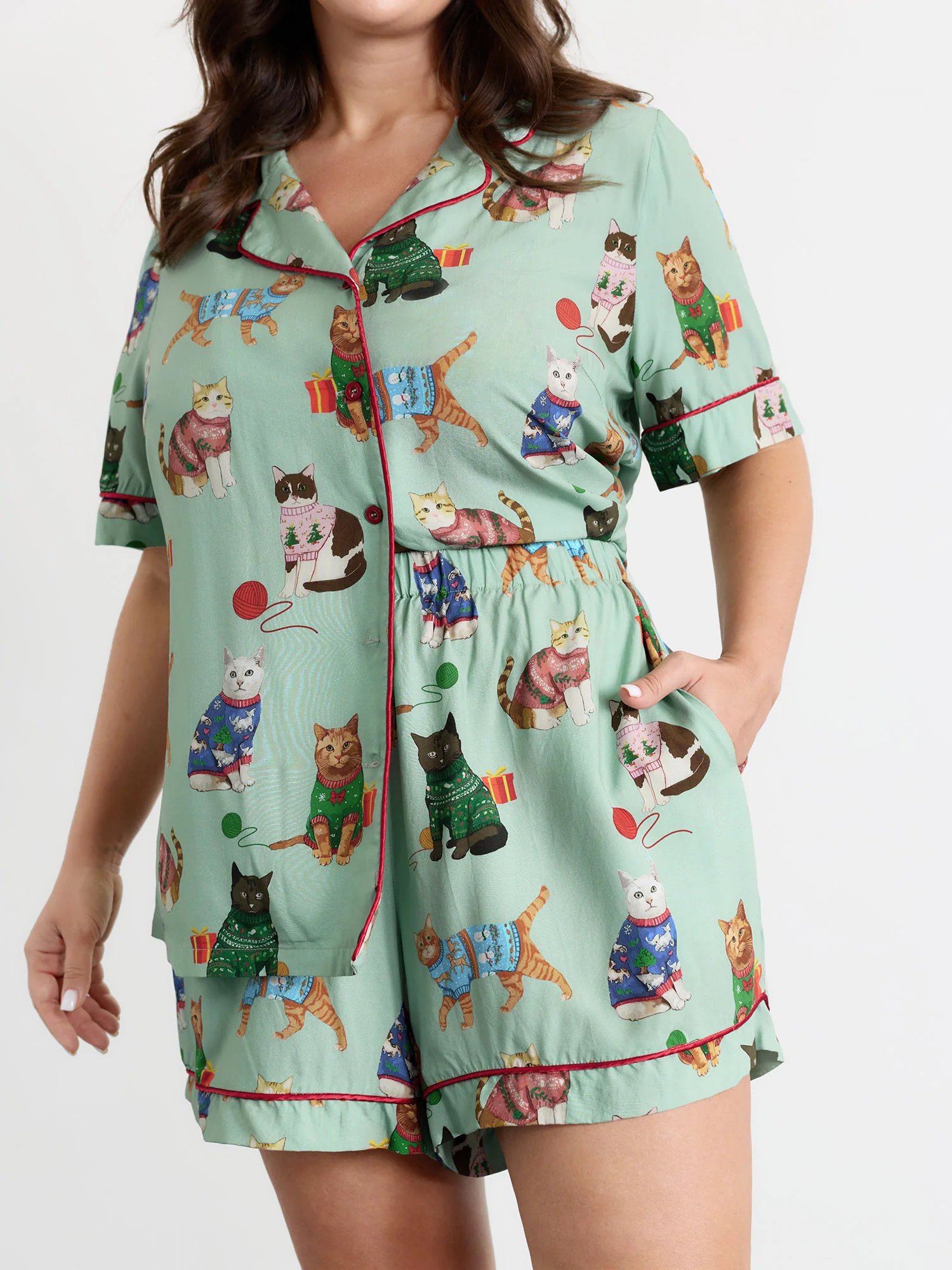 Holiday Cats Print Color Contrast Loungewear Set - Image 4