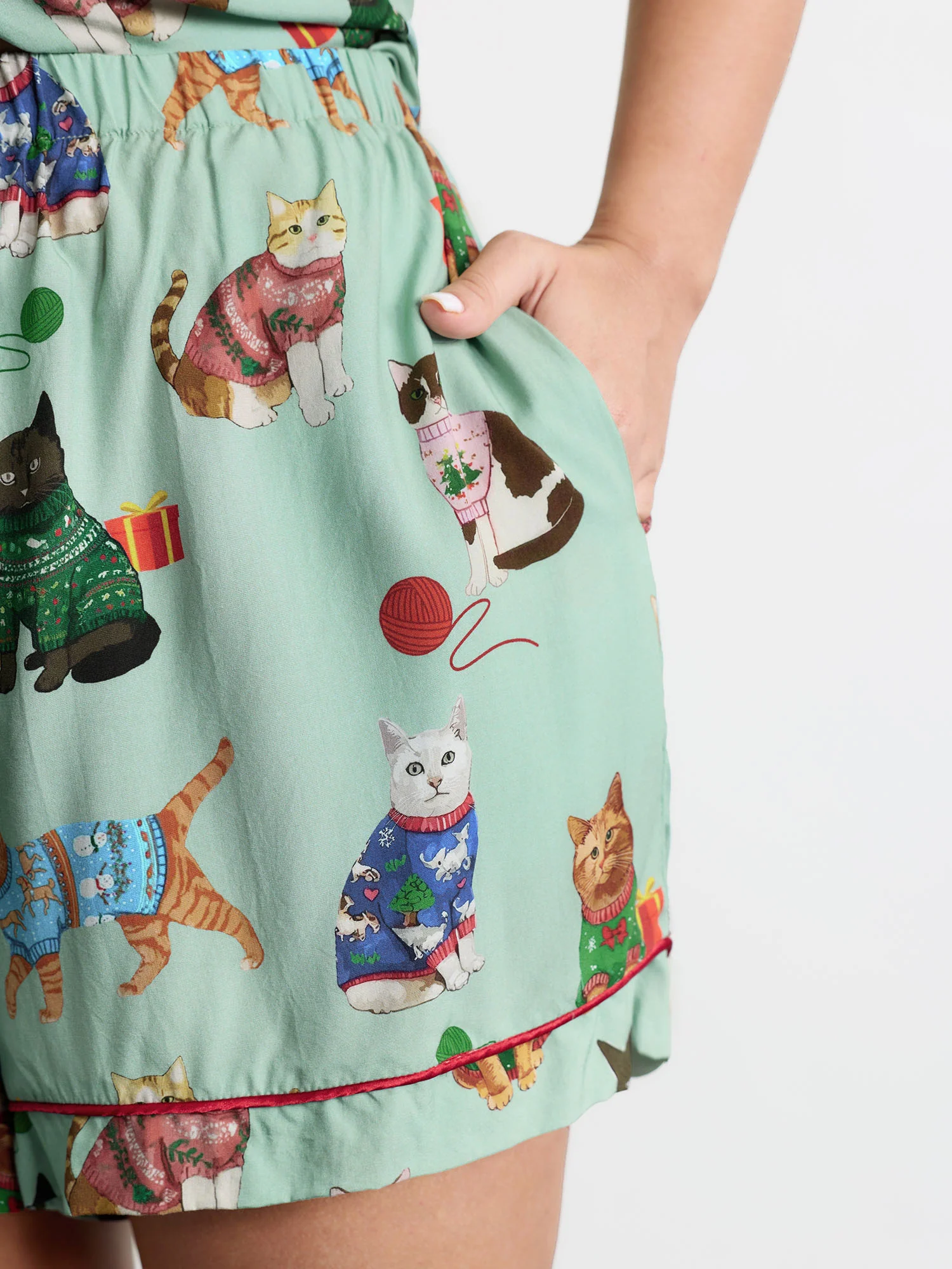 Holiday Cats Print Color Contrast Loungewear Set - Image 5