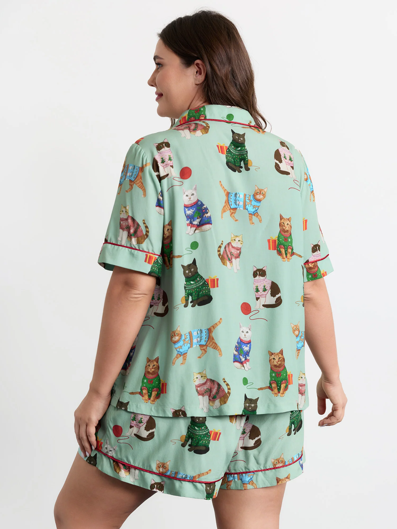 Holiday Cats Print Color Contrast Loungewear Set - Image 7