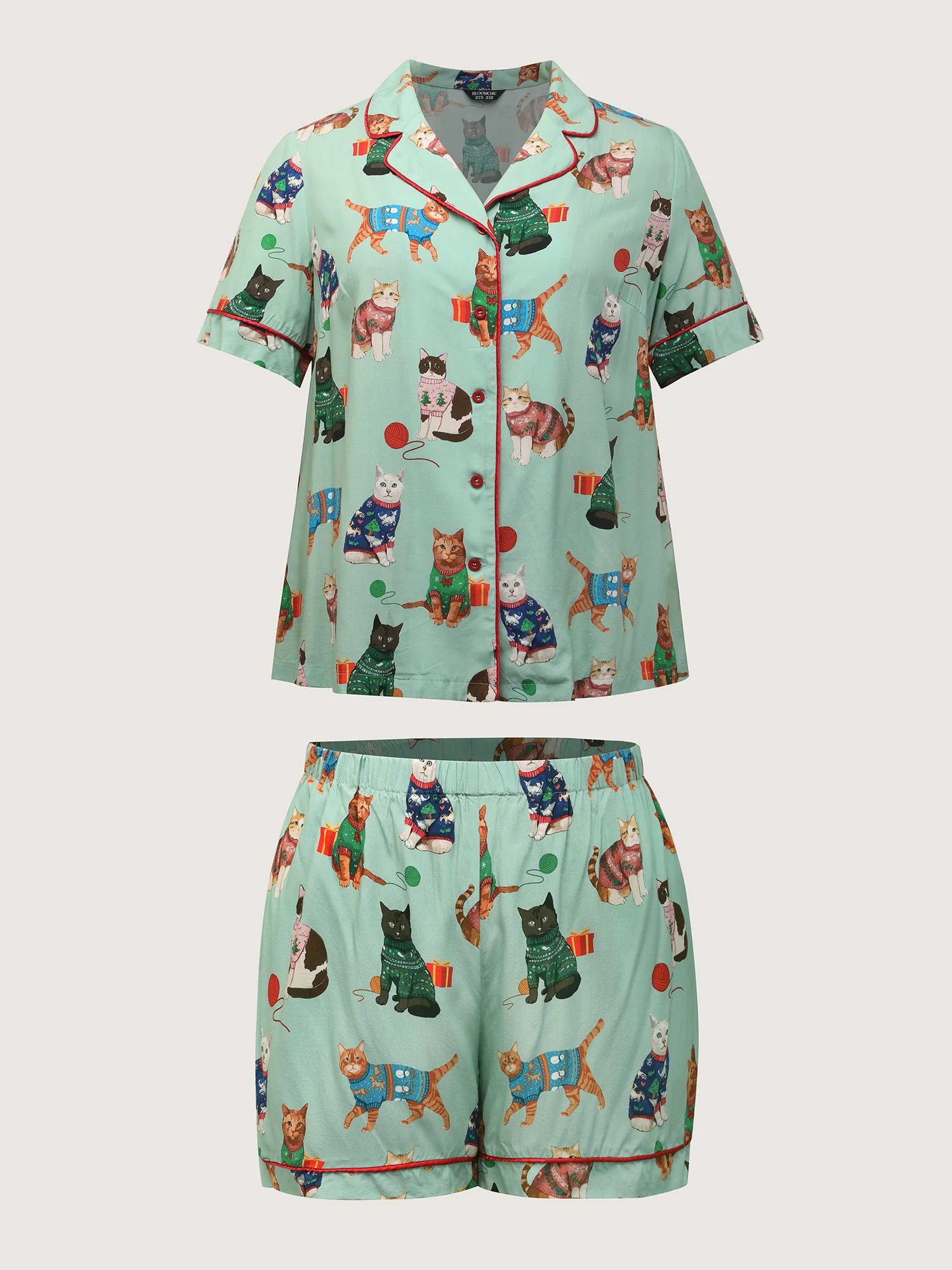 Holiday Cats Print Color Contrast Loungewear Set - Image 8