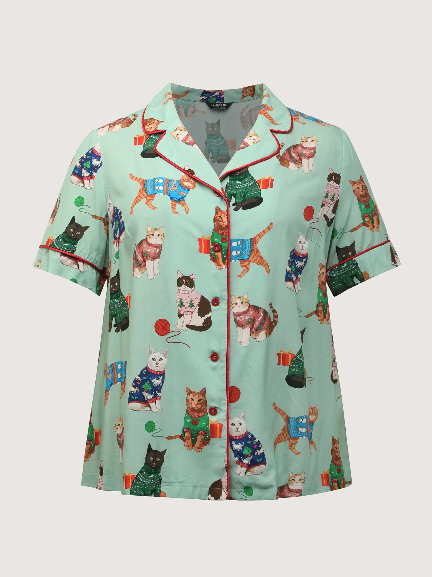Holiday Cats Print Color Contrast Loungewear Set - Image 9