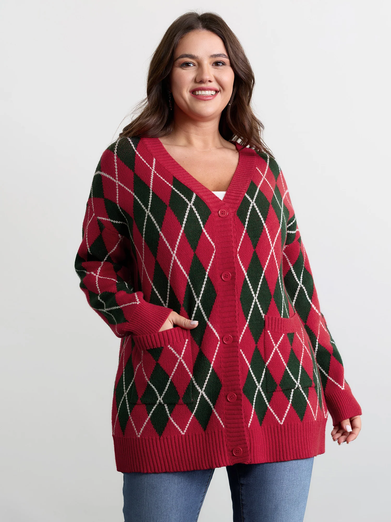 Holiday Checkered Jacquard Knit Cardigan - Image 2