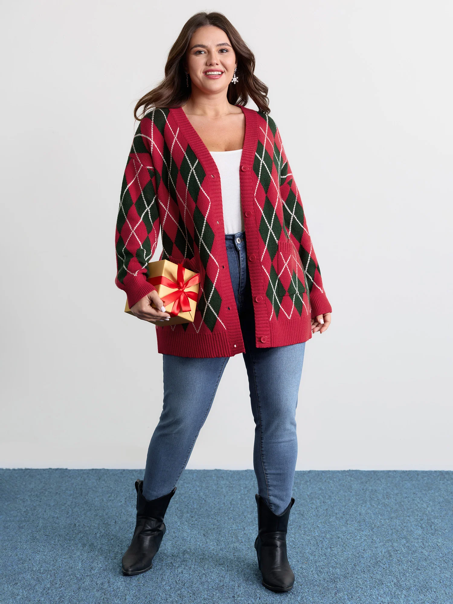 Holiday Checkered Jacquard Knit Cardigan - Image 4