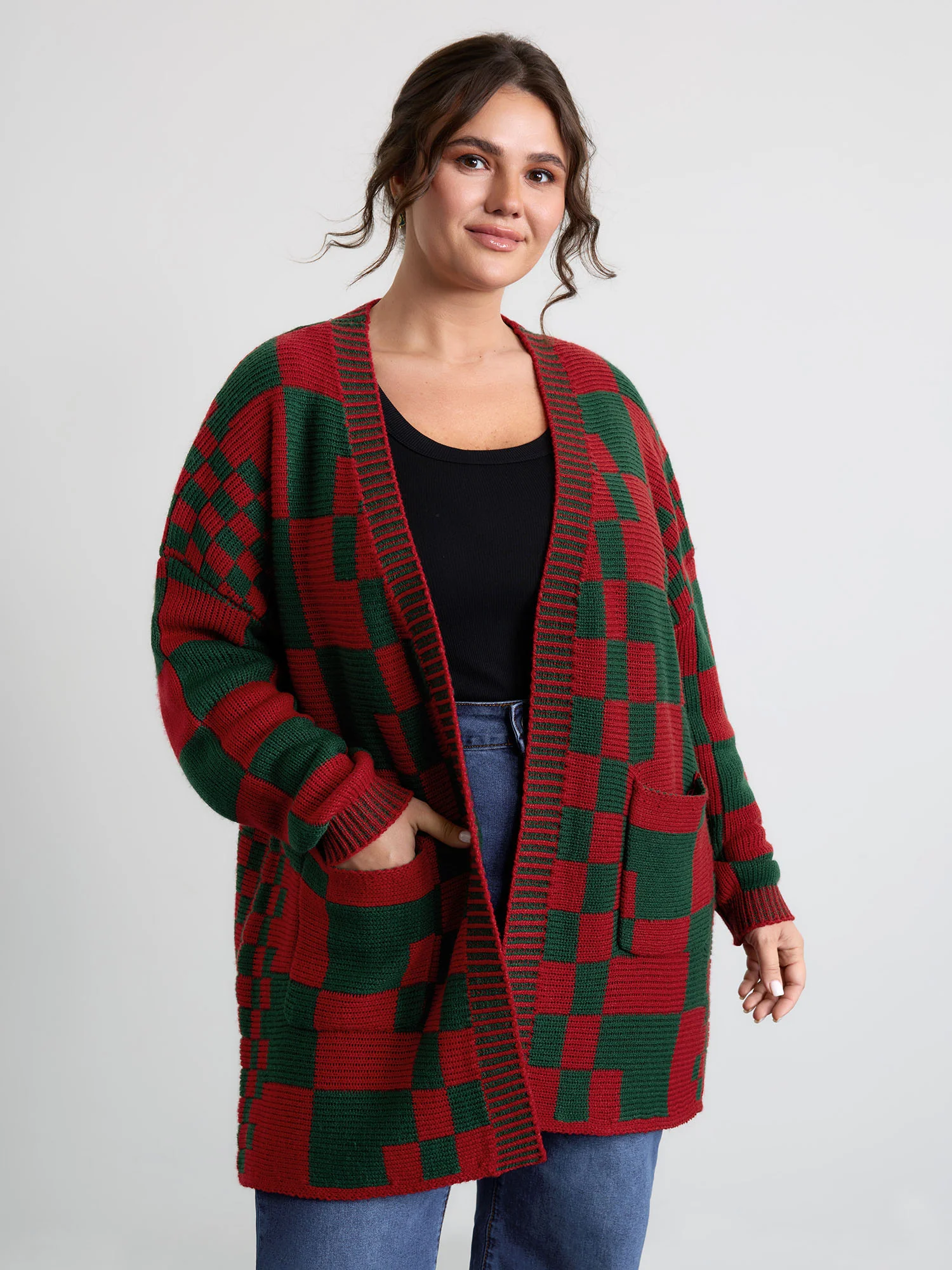 Holiday Checkered Open-Front Knit Cardigan - Image 2