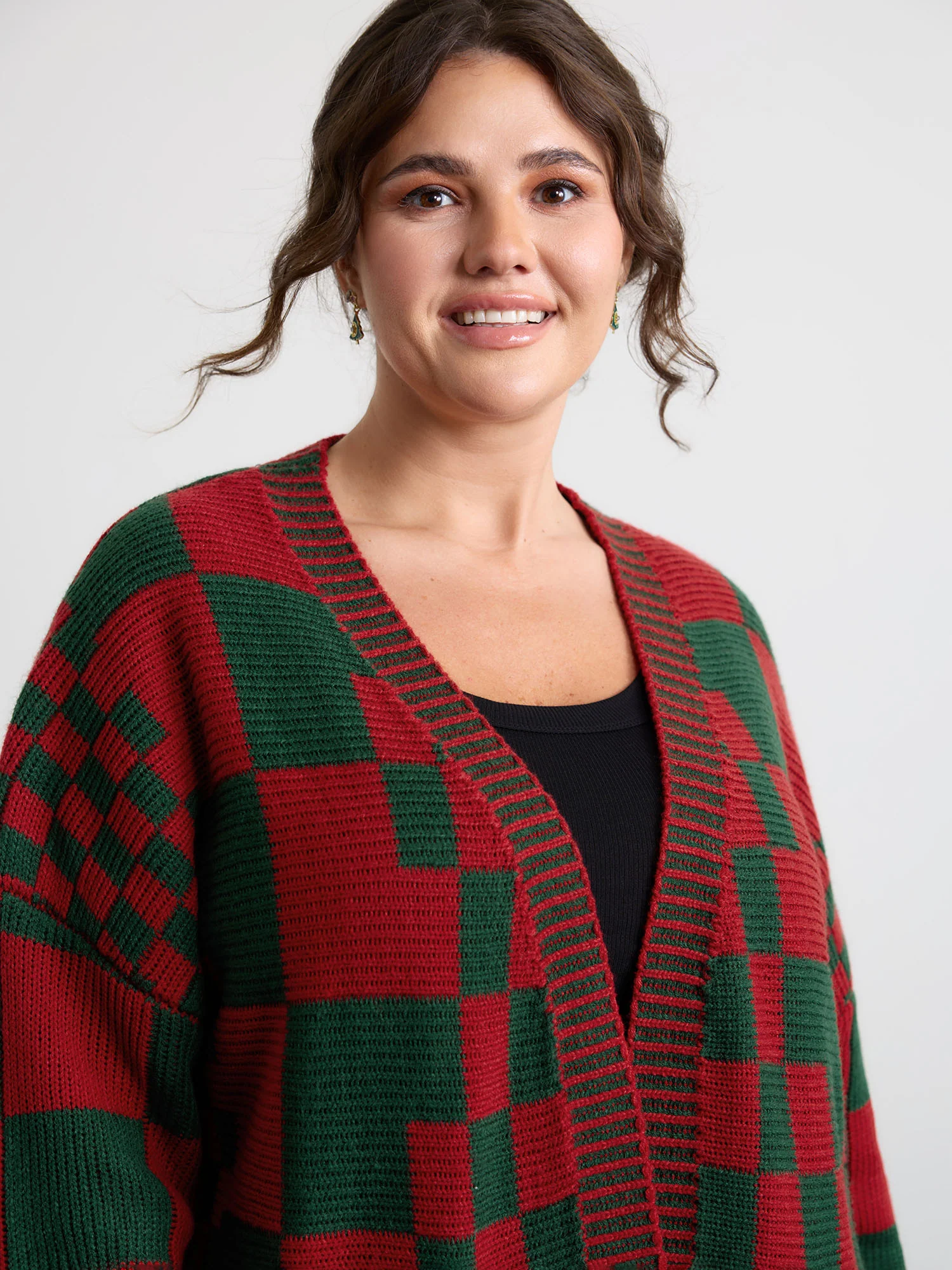 Holiday Checkered Open-Front Knit Cardigan - Image 3