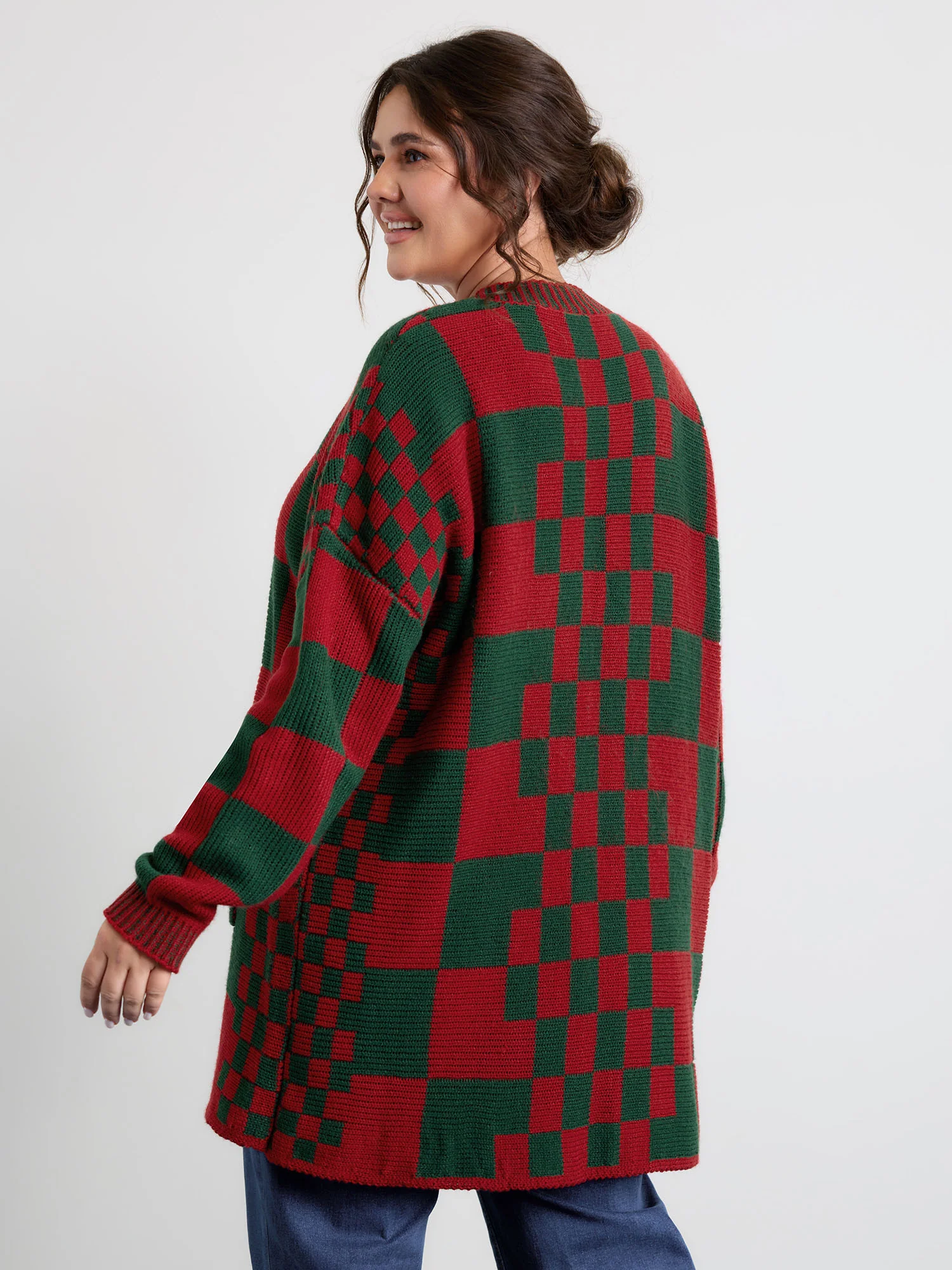 Holiday Checkered Open-Front Knit Cardigan - Image 4