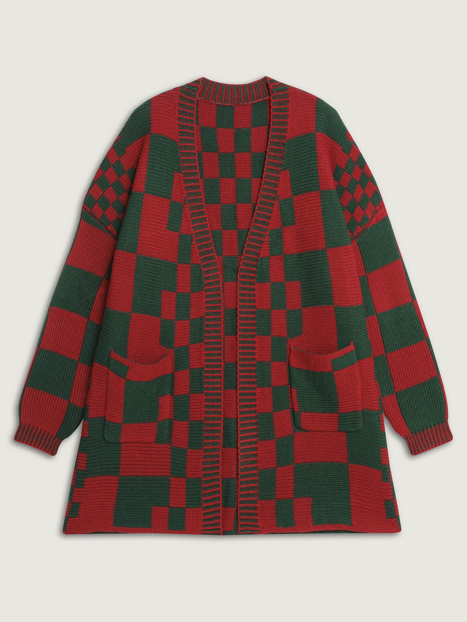 Holiday Checkered Open-Front Knit Cardigan - Image 5