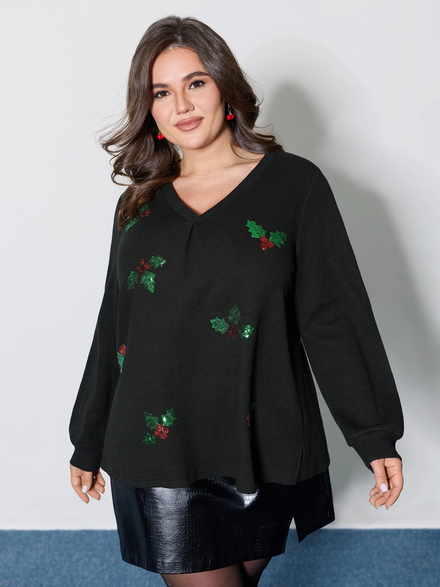 Holiday Elements Sequin Embroidery Textured Sweatshirt - Image 3