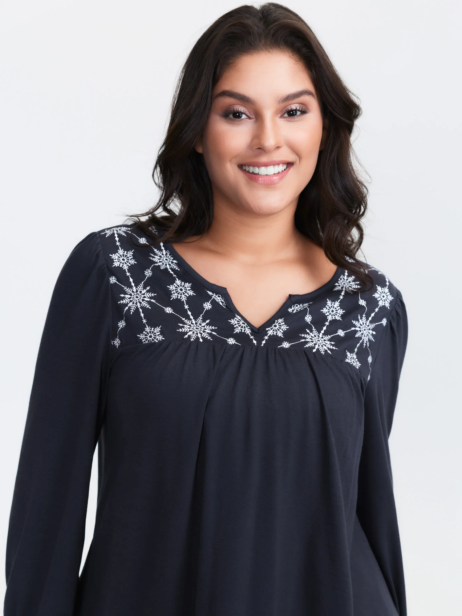 Holiday Embroidered Neckline Pleated Knit Top - Image 2
