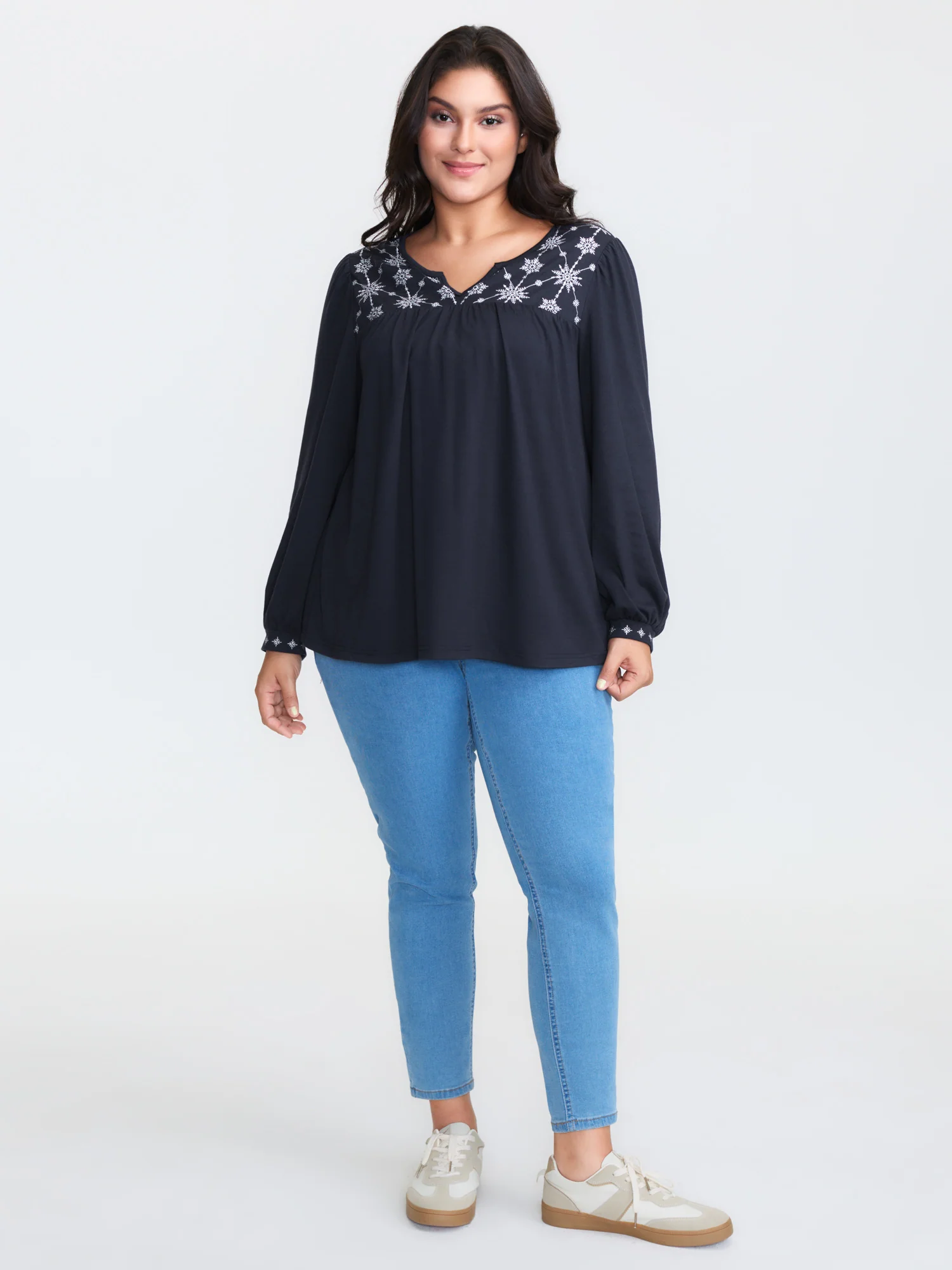 Holiday Embroidered Neckline Pleated Knit Top - Image 3