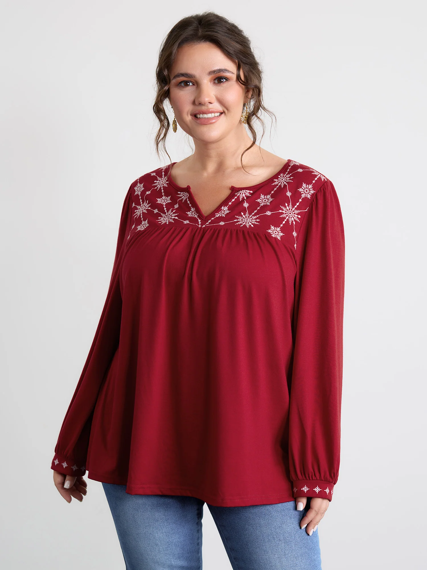 Holiday Embroidered Neckline Pleated Knit Top - Image 5