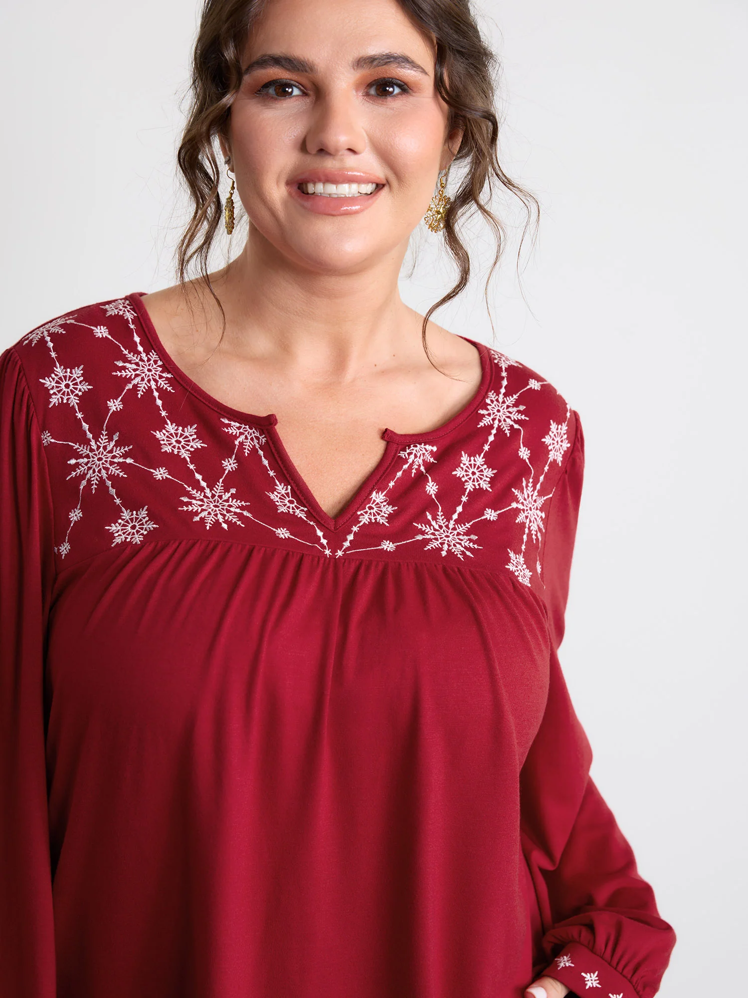 Holiday Embroidered Neckline Pleated Knit Top - Image 6