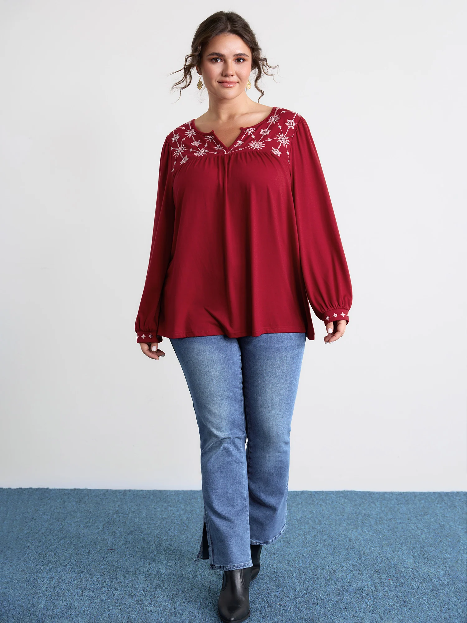 Holiday Embroidered Neckline Pleated Knit Top - Image 7
