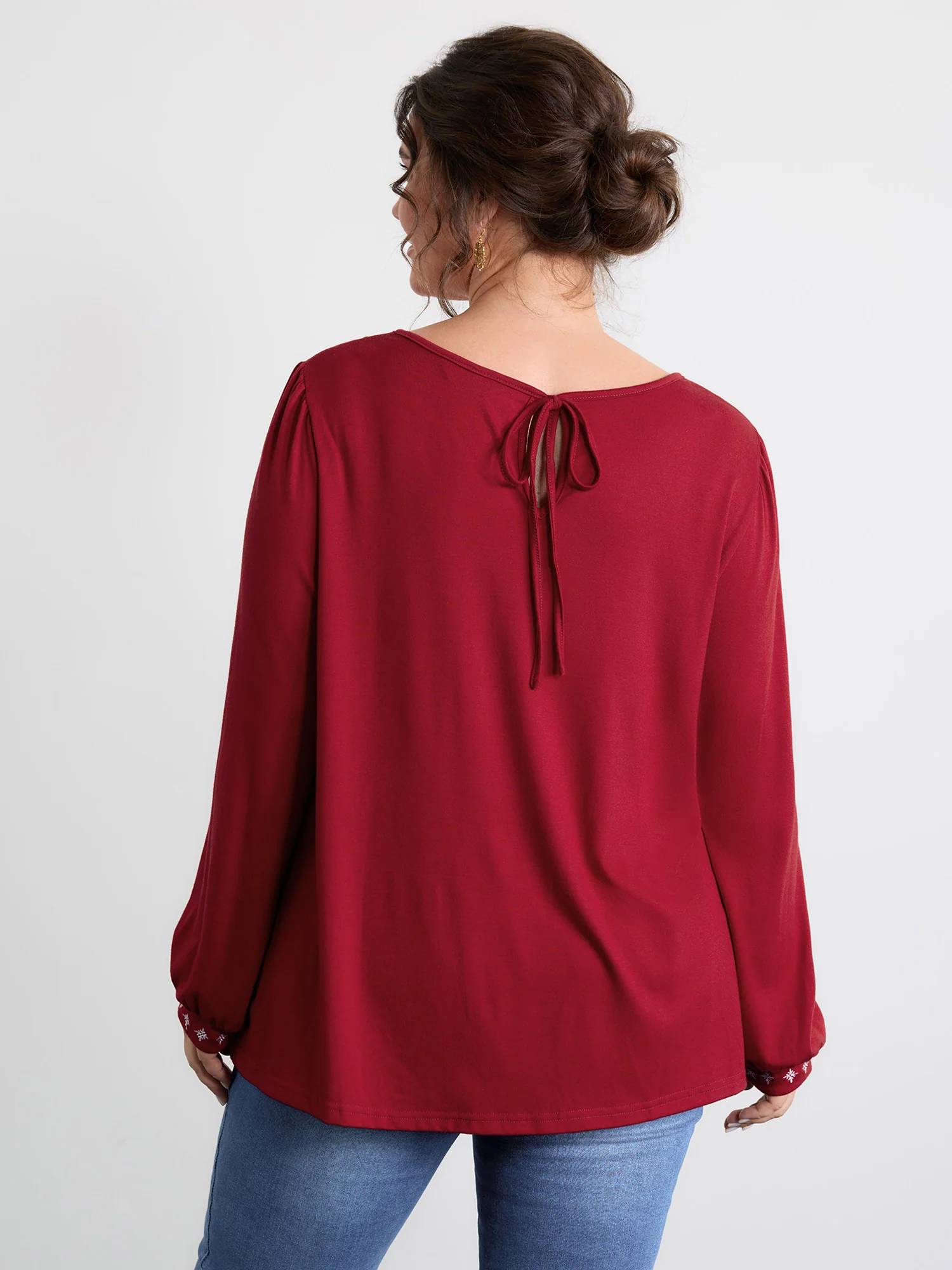Holiday Embroidered Neckline Pleated Knit Top - Image 8
