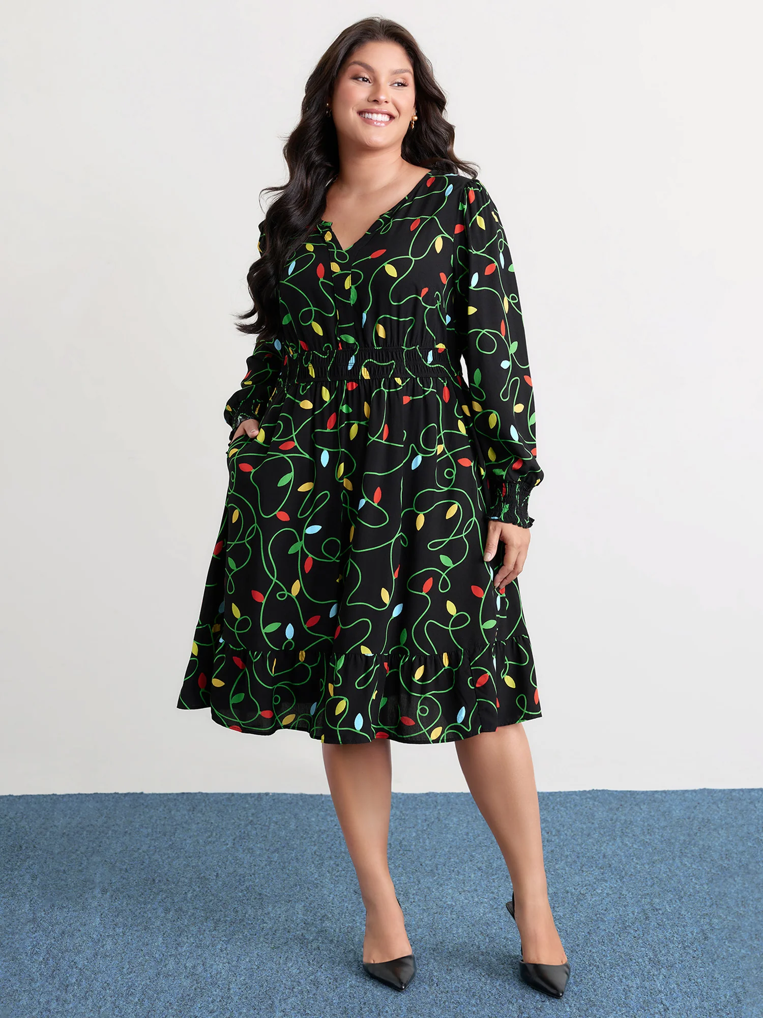 Holiday Lights Triple Elastic Waistband Midi Dress - Image 3