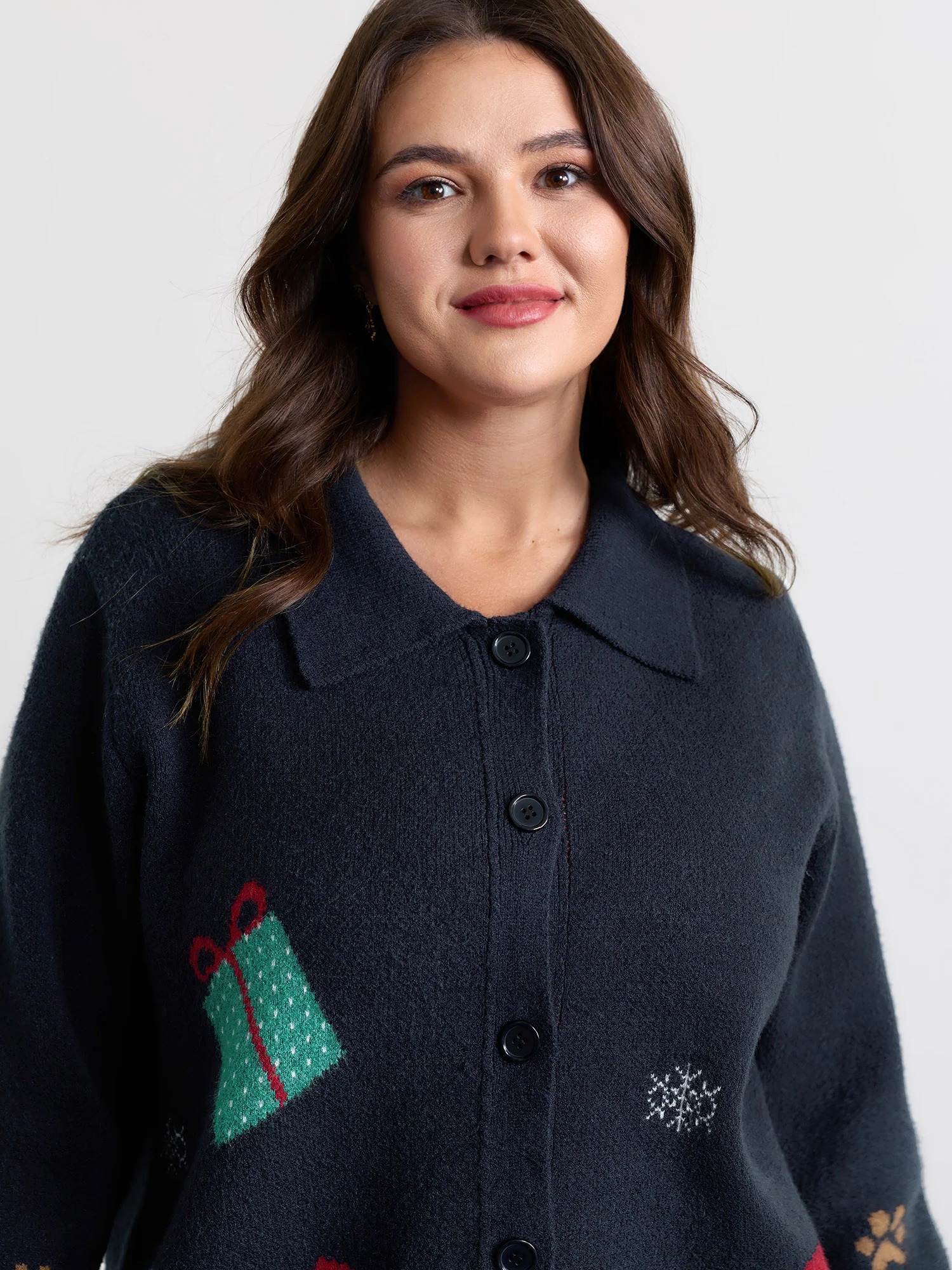 Holiday Pattern Collar Button Knit Cardigan - Image 2