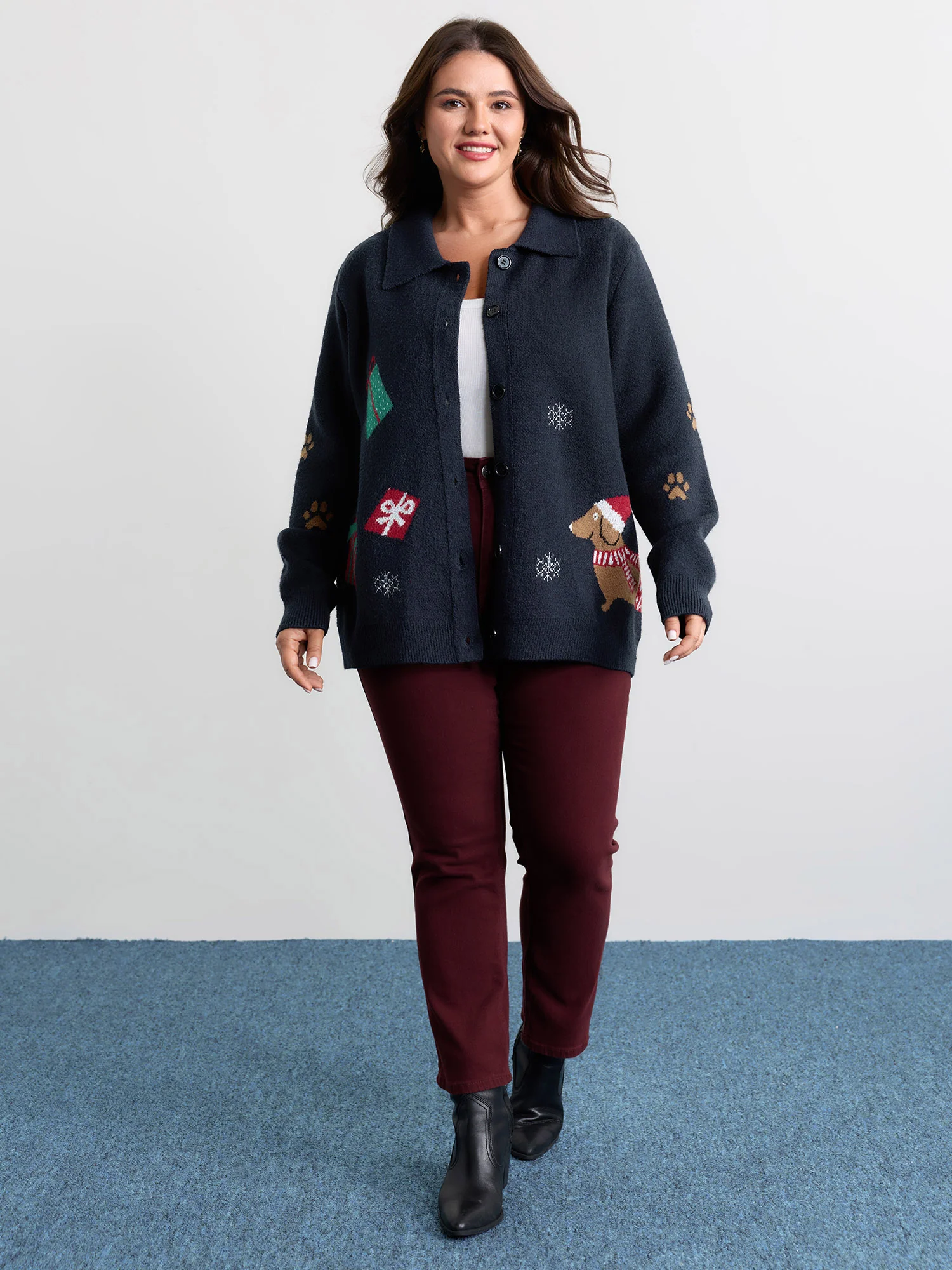 Holiday Pattern Collar Button Knit Cardigan - Image 3