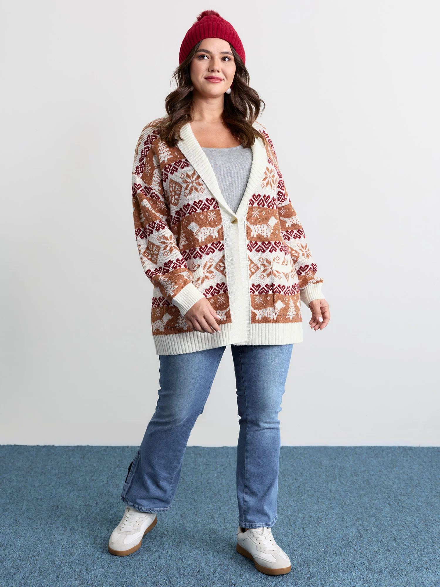 Holiday Pattern Jacquard Shawl Collar Cardigan - Image 3