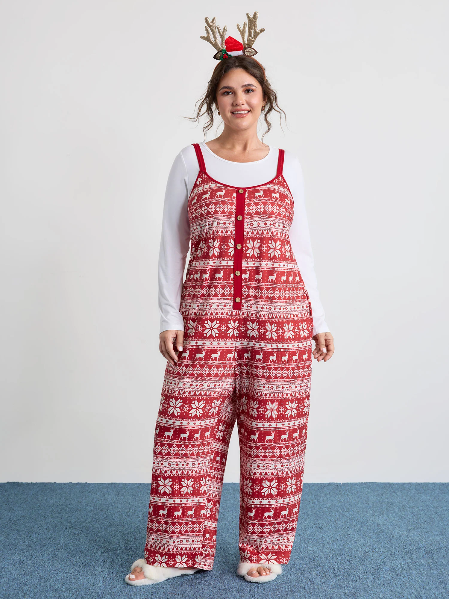 Holiday Print Placket Button Pajama Jumpsuit - Image 2