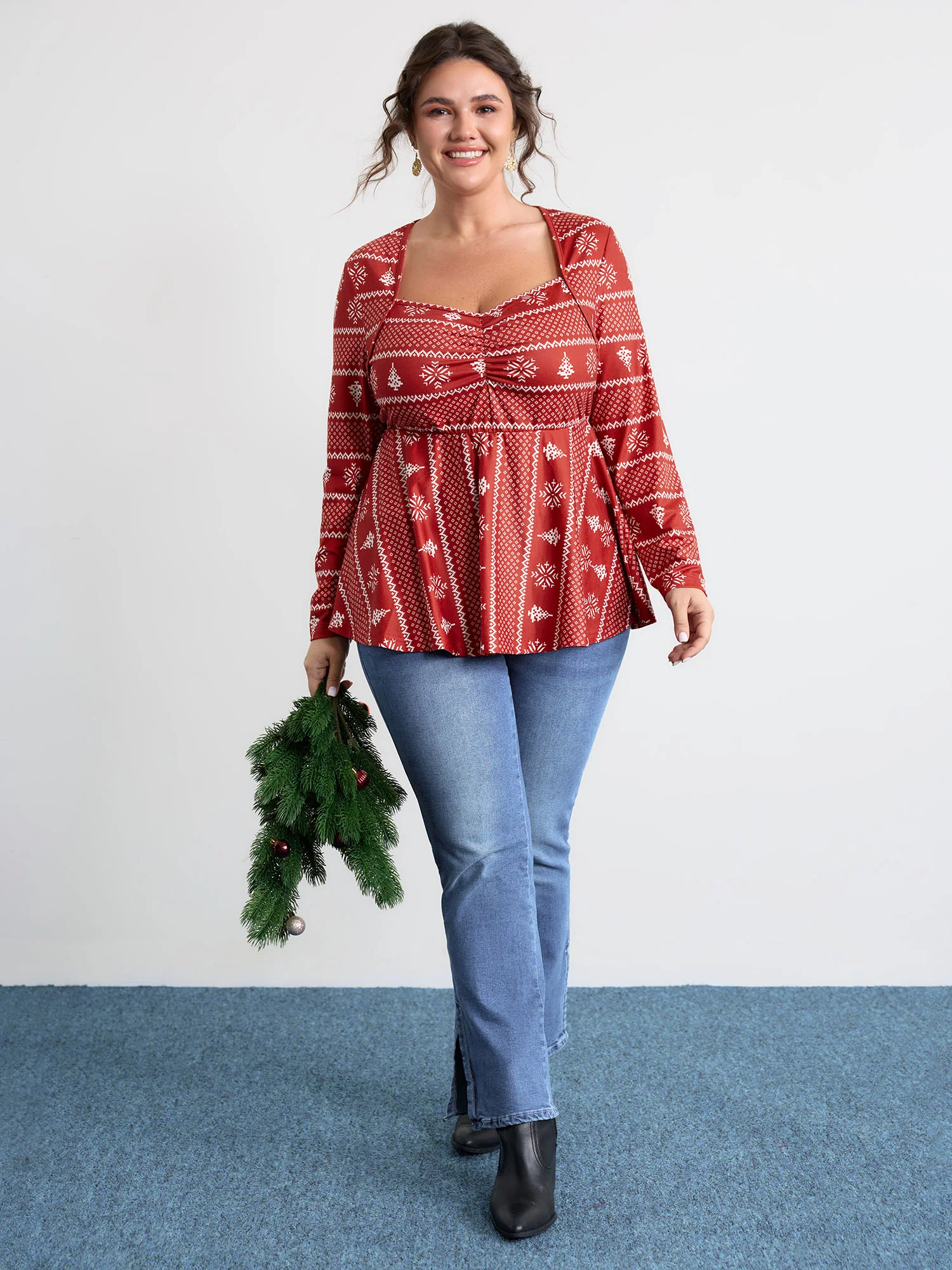 Holiday Pattern Sweetheart Neck Knit Top - Image 2
