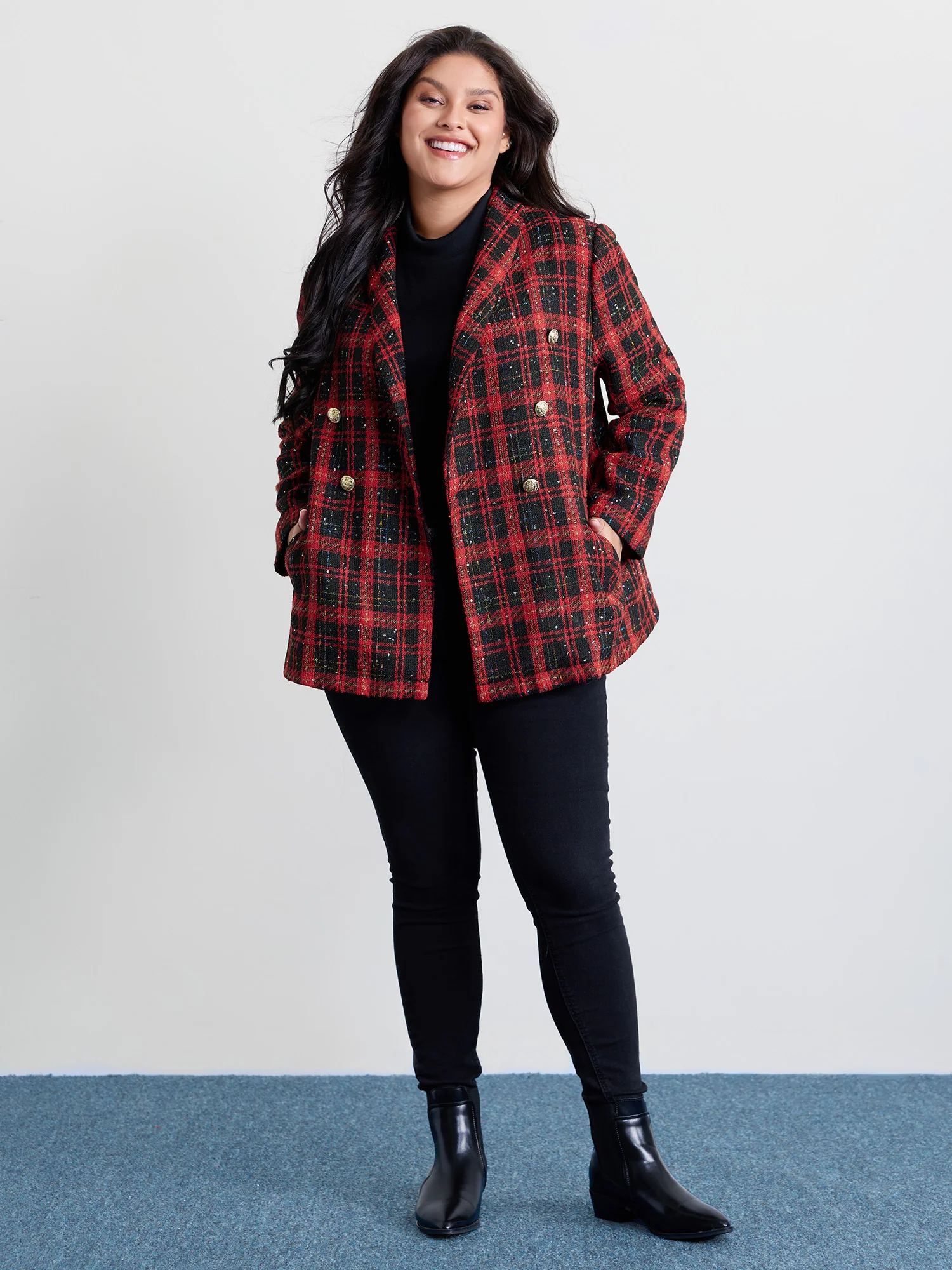 Holiday Plaid Textured Button Blazer - Image 3