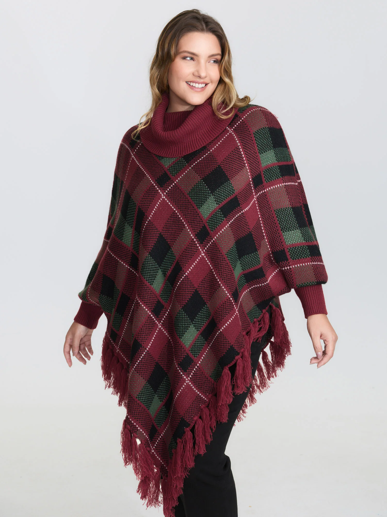 Holiday Plaid Turtleneck Fringe Hem Pullover - Image 12