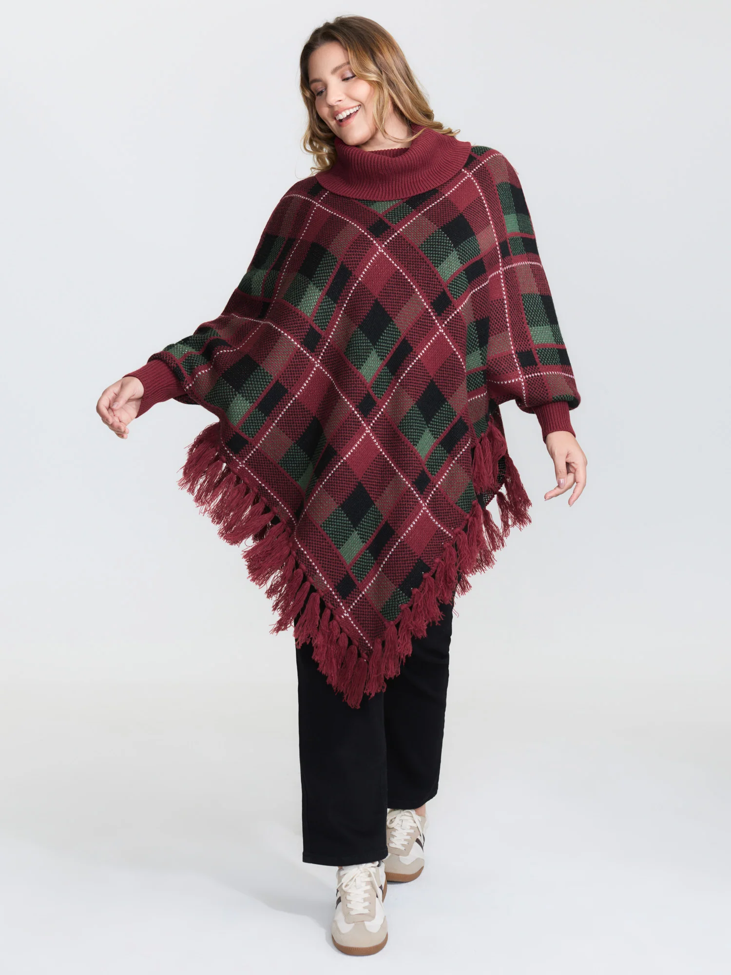 Holiday Plaid Turtleneck Fringe Hem Pullover - Image 13