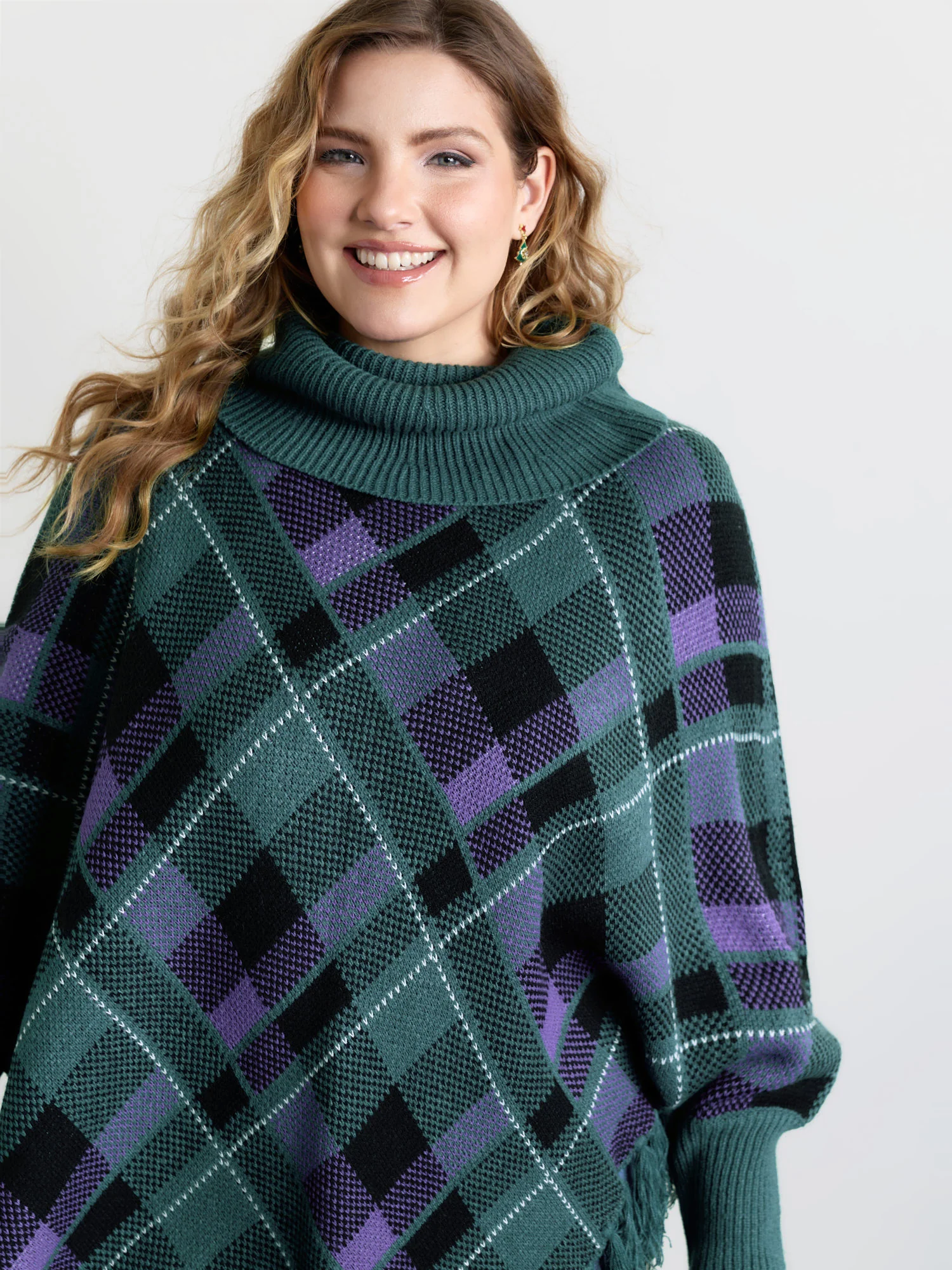 Holiday Plaid Turtleneck Fringe Hem Pullover - Image 2