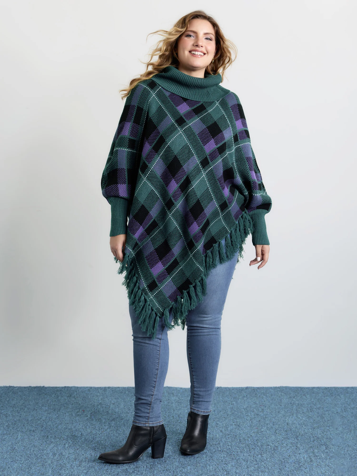 Holiday Plaid Turtleneck Fringe Hem Pullover - Image 3