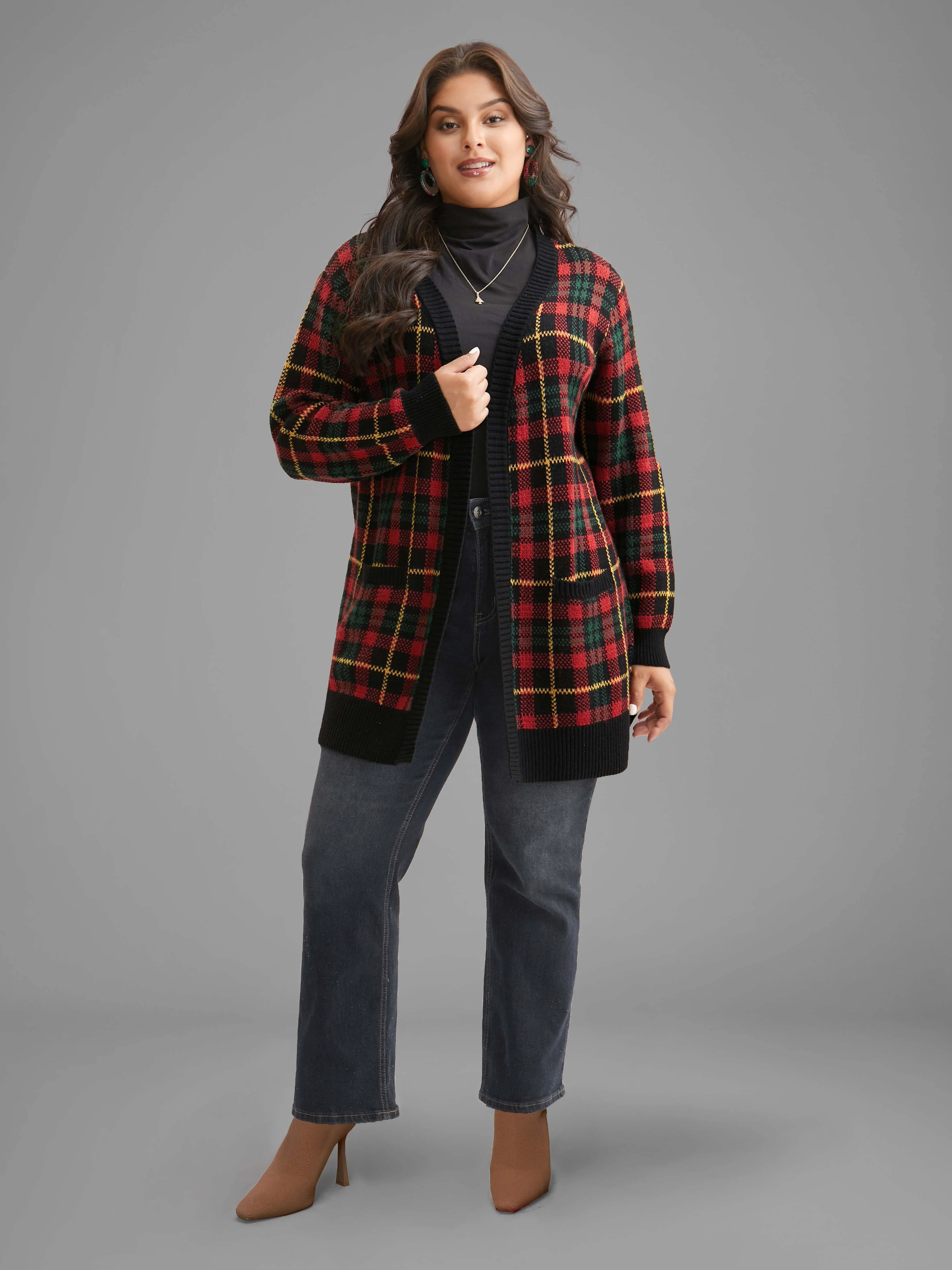 Holiday Plaid V-neck Open Cardigan - Image 2