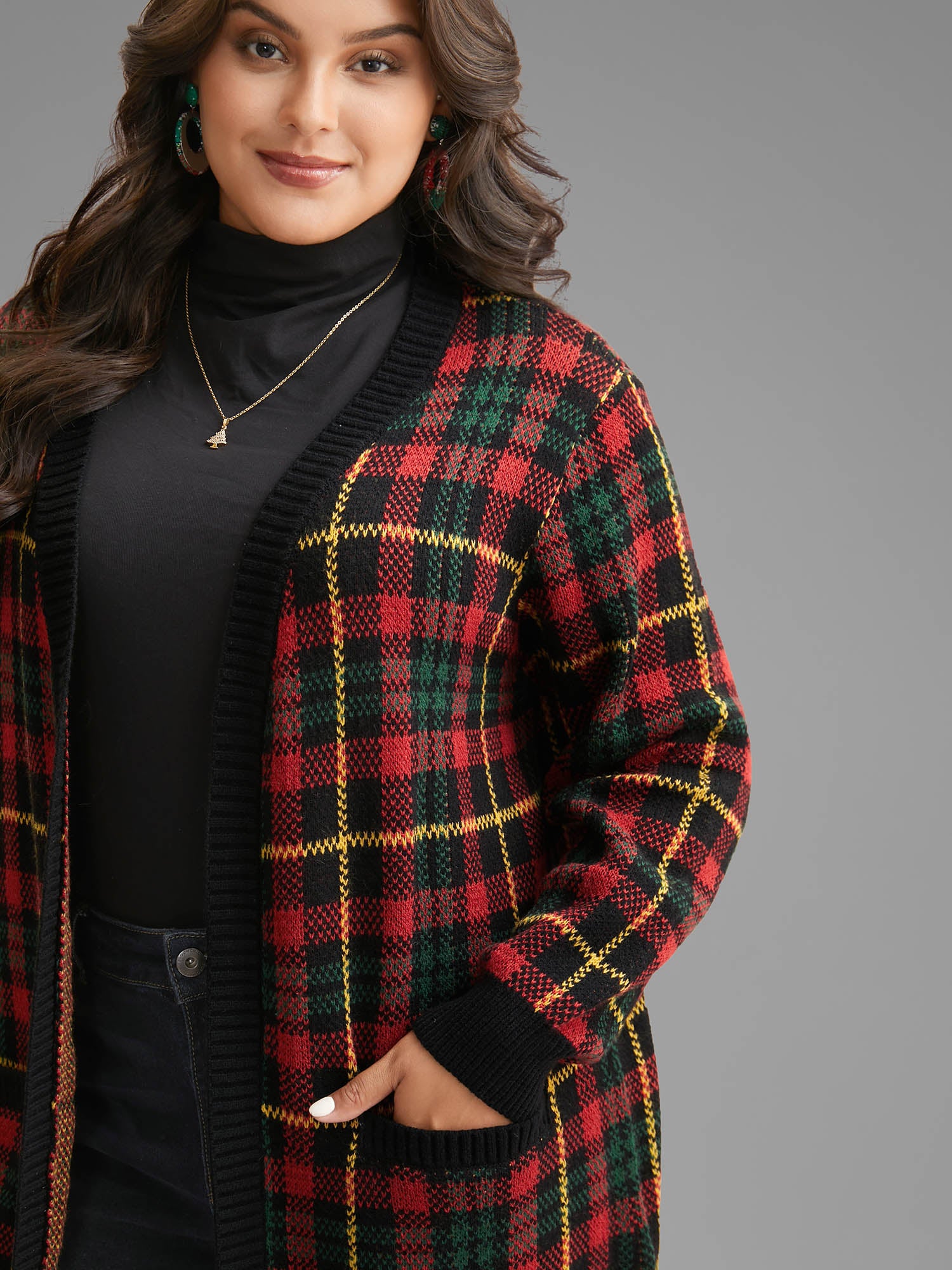 Holiday Plaid V-neck Open Cardigan - Image 3