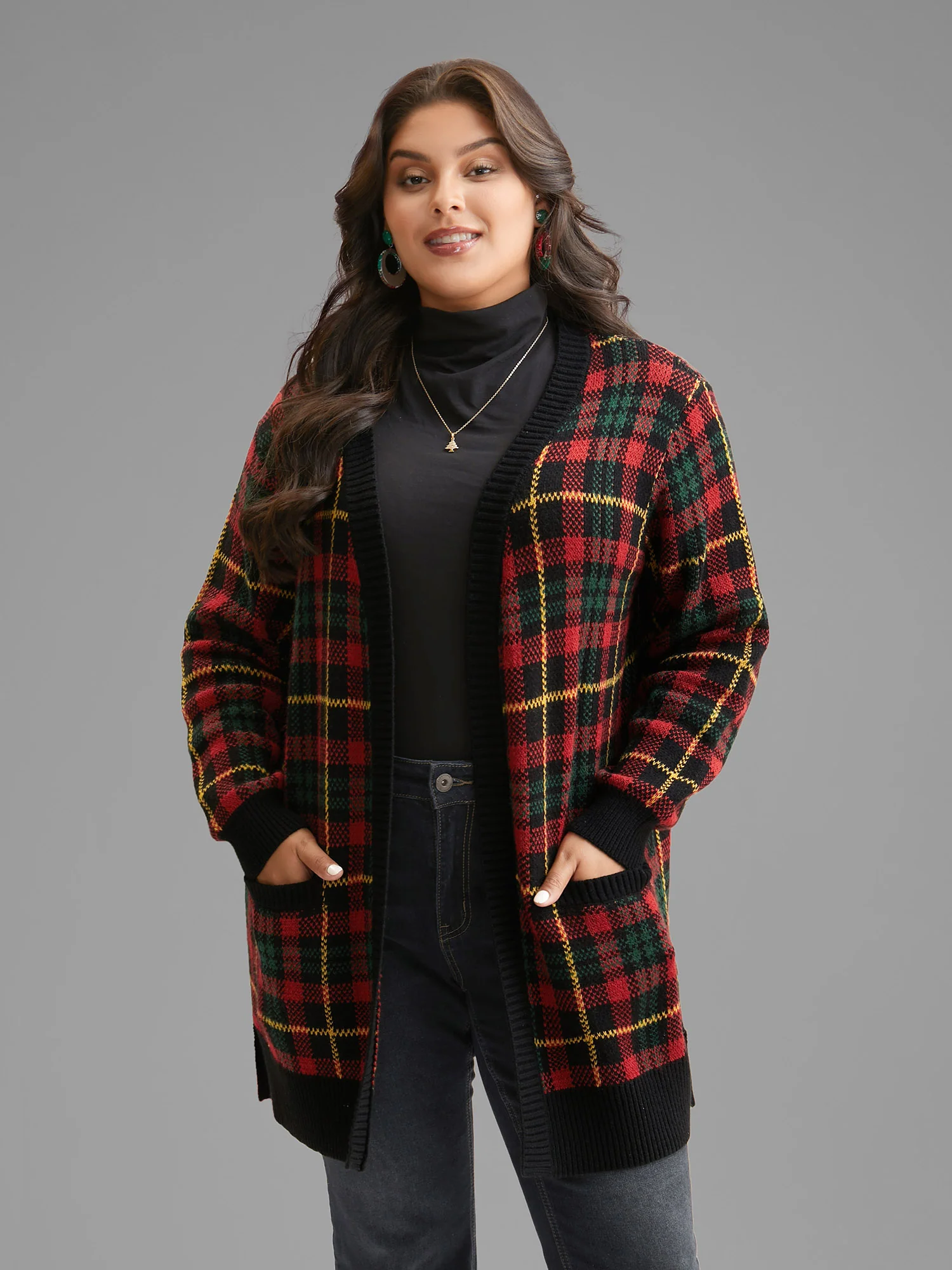 Holiday Plaid V-neck Open Cardigan - Image 4