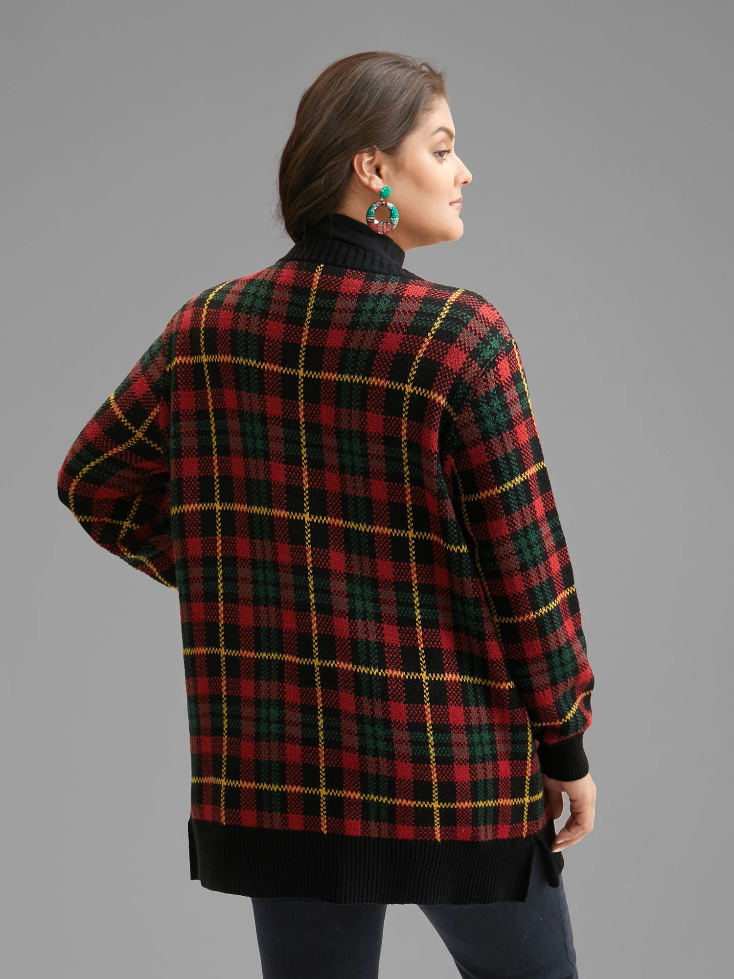 Holiday Plaid V-neck Open Cardigan - Image 5
