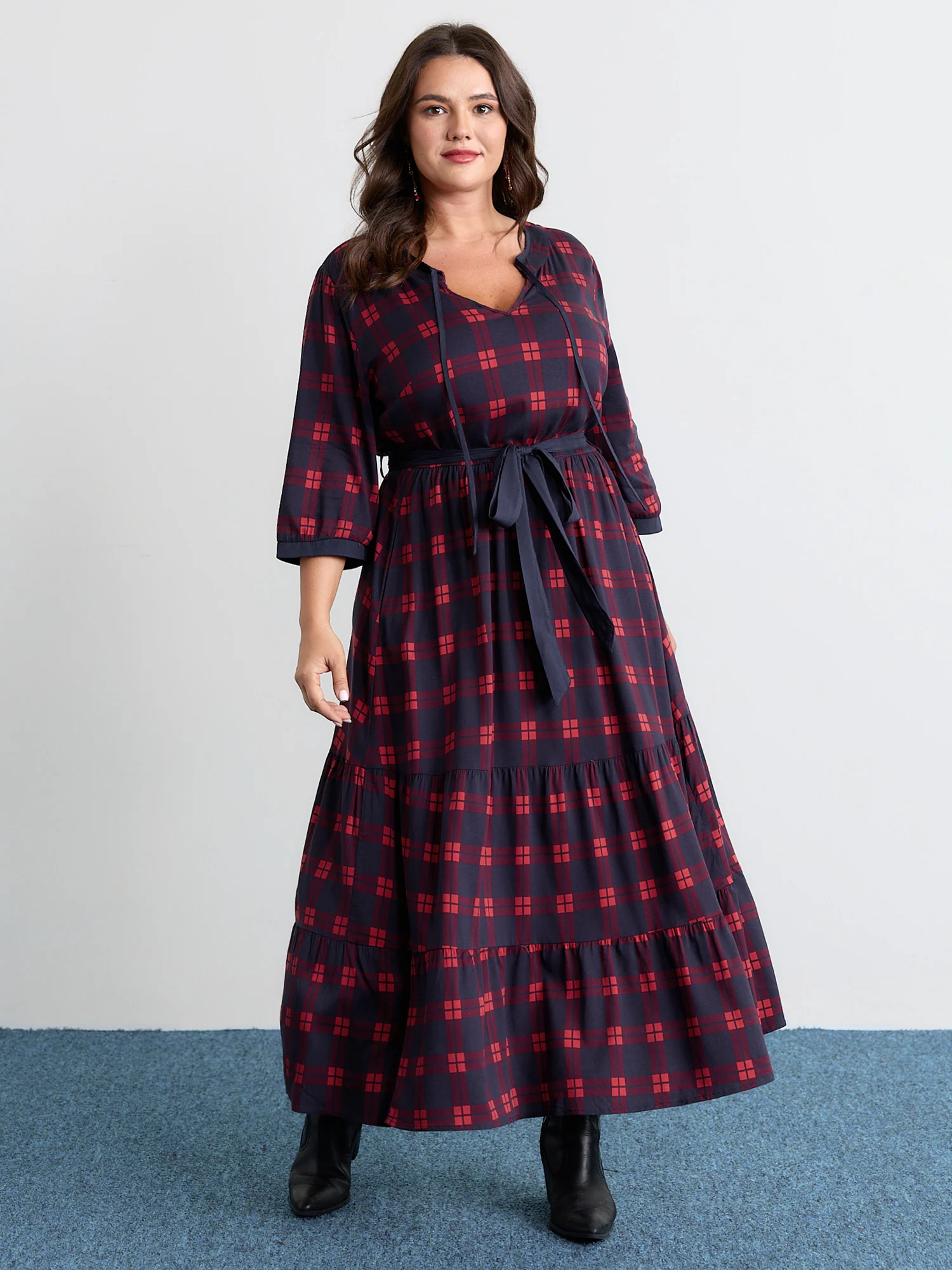 Holiday Plaid Waist-Tie Maxi Dress - Image 3