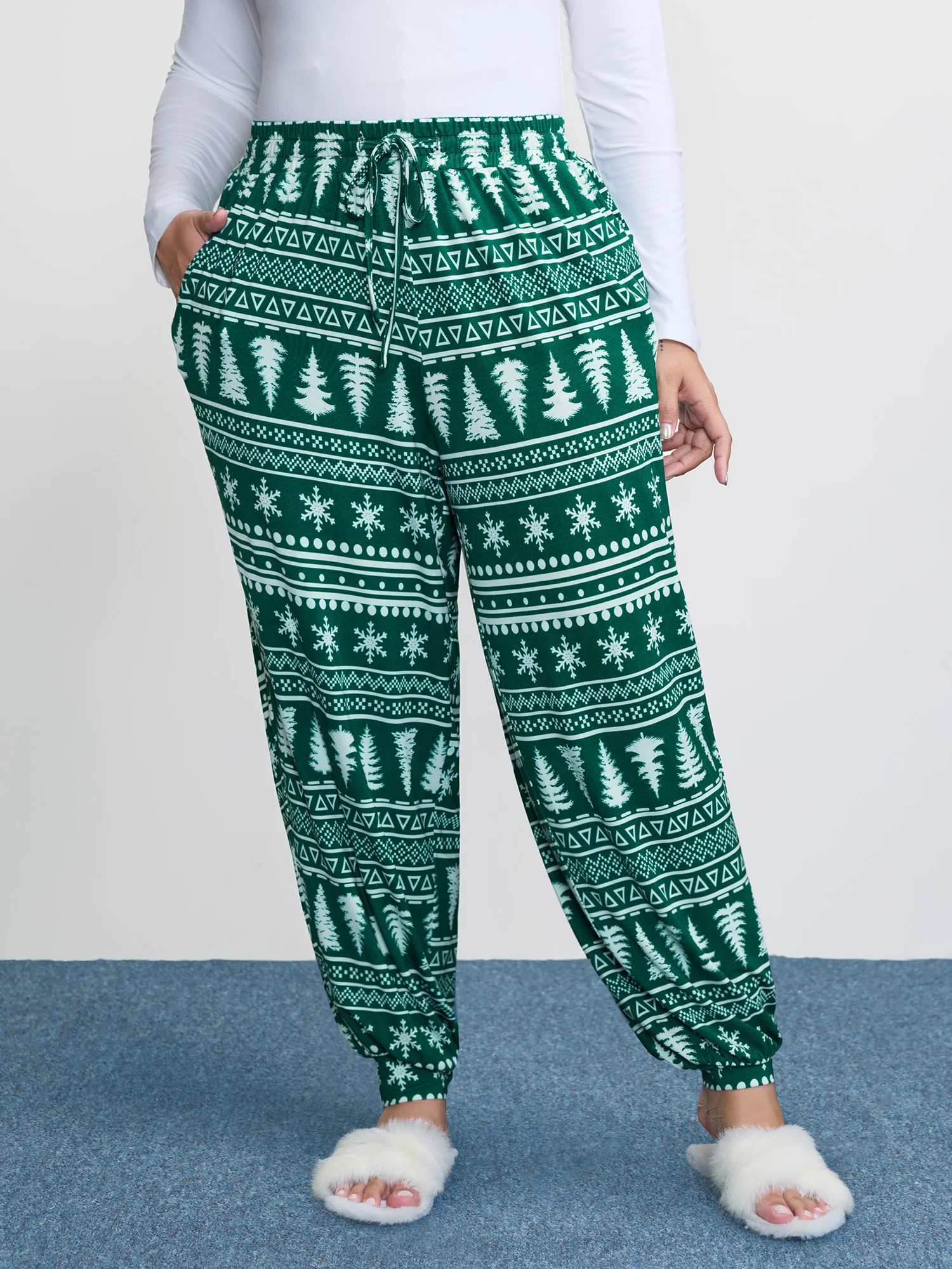 Holiday Print Drawstring Waist Lounge Bottoms - Image 2