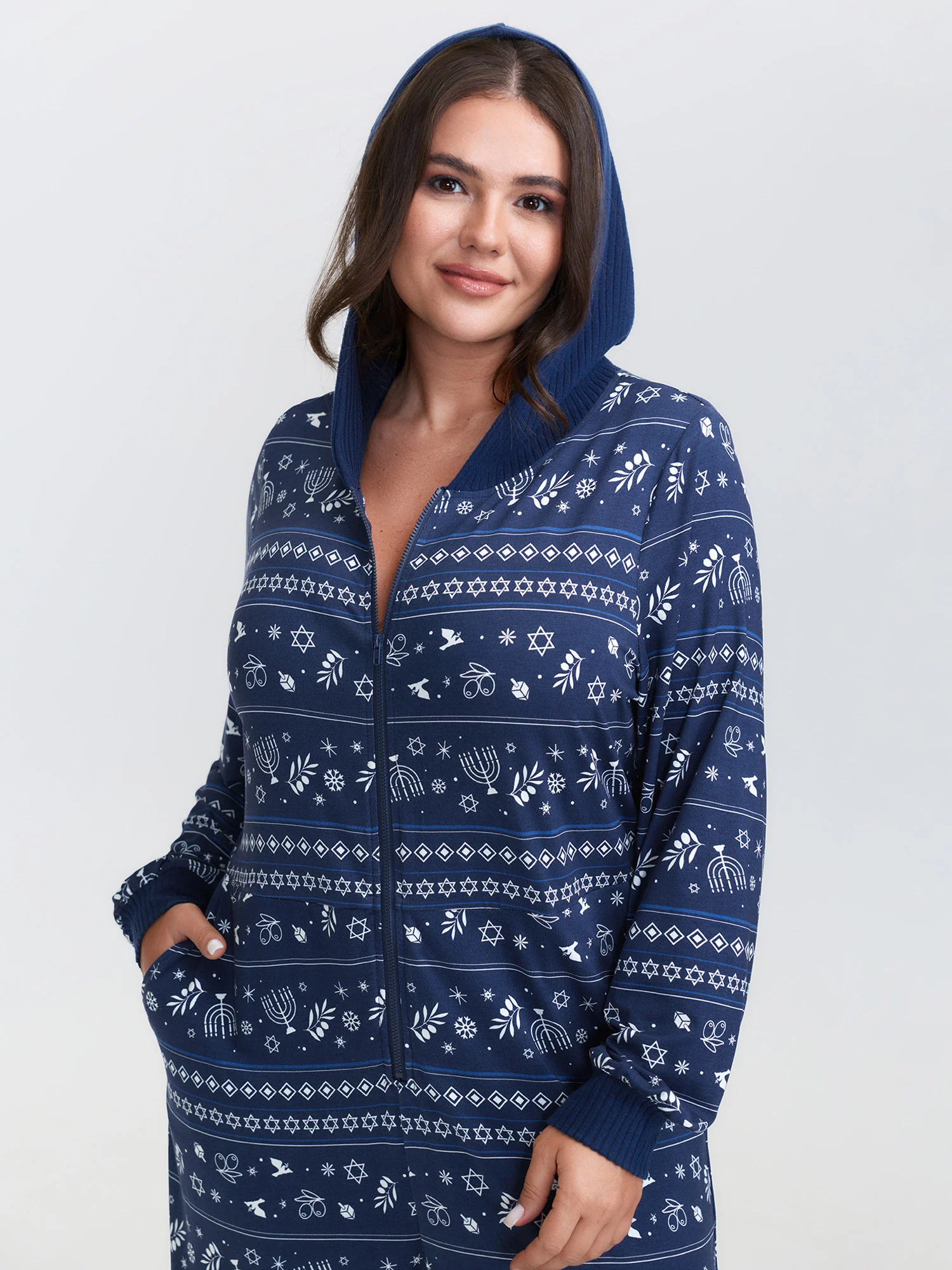 Holiday Print Hooded Pockets Pajama Onesie - Image 2