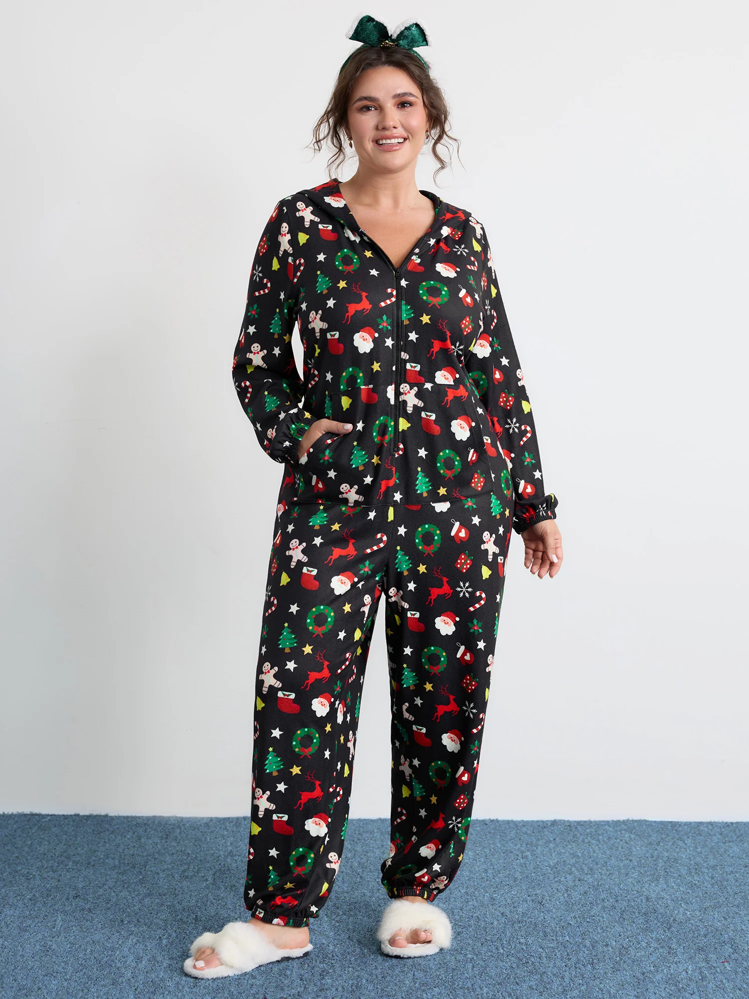 Holiday Spirit Pockets Hooded Pajama Onesie - Image 3
